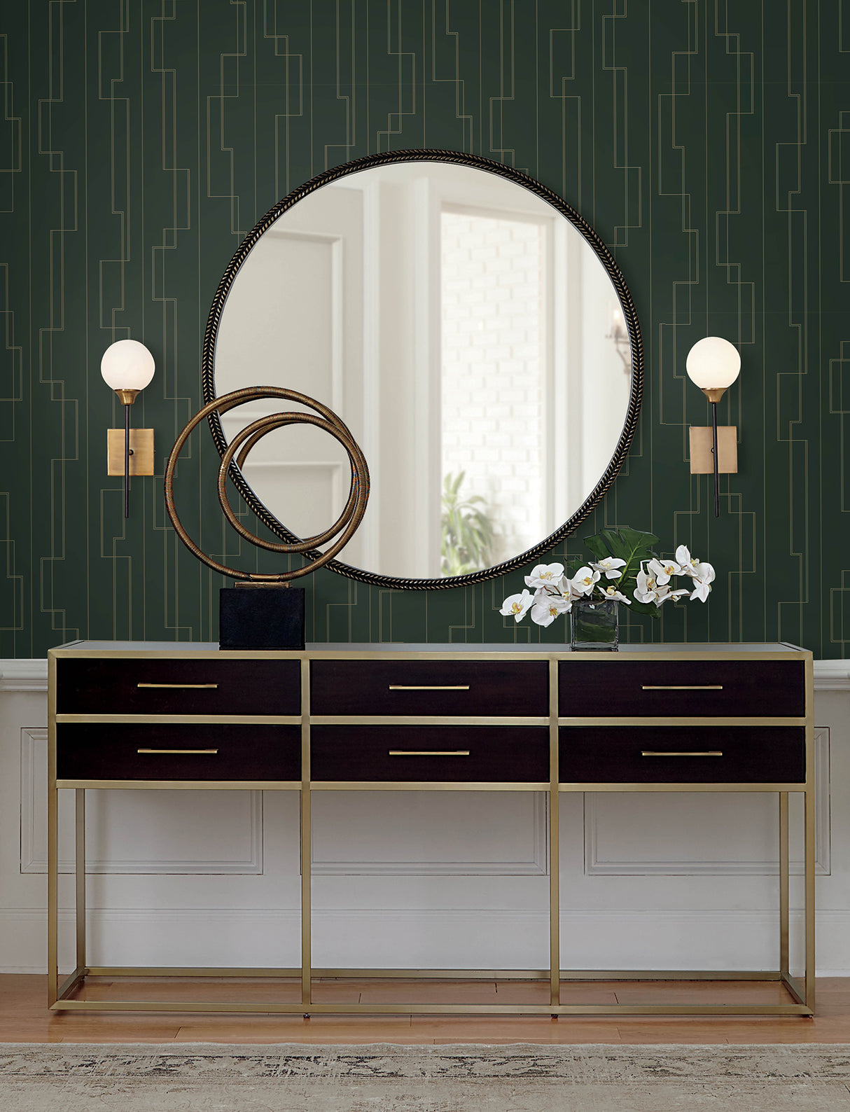 Anson Evergreen Deco Detailing Wallpaper in Forest Green with Metallic Gold Linework by A-Street Prints Moderne Deco - 4198-27814