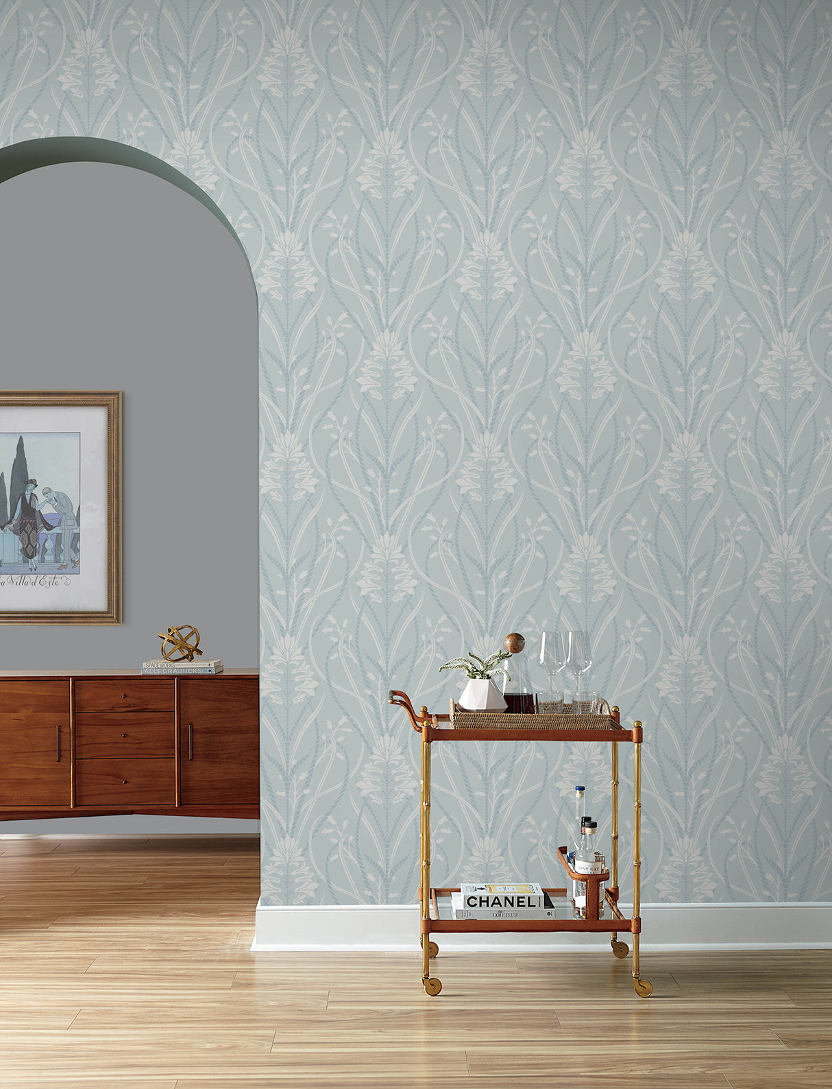 Rosalind Sky Blue Iris Damask Wallpaper by A-Street Prints Moderne Deco Art Deco Botanical Floral Non Woven Unpasted Strippable - 4198-27821