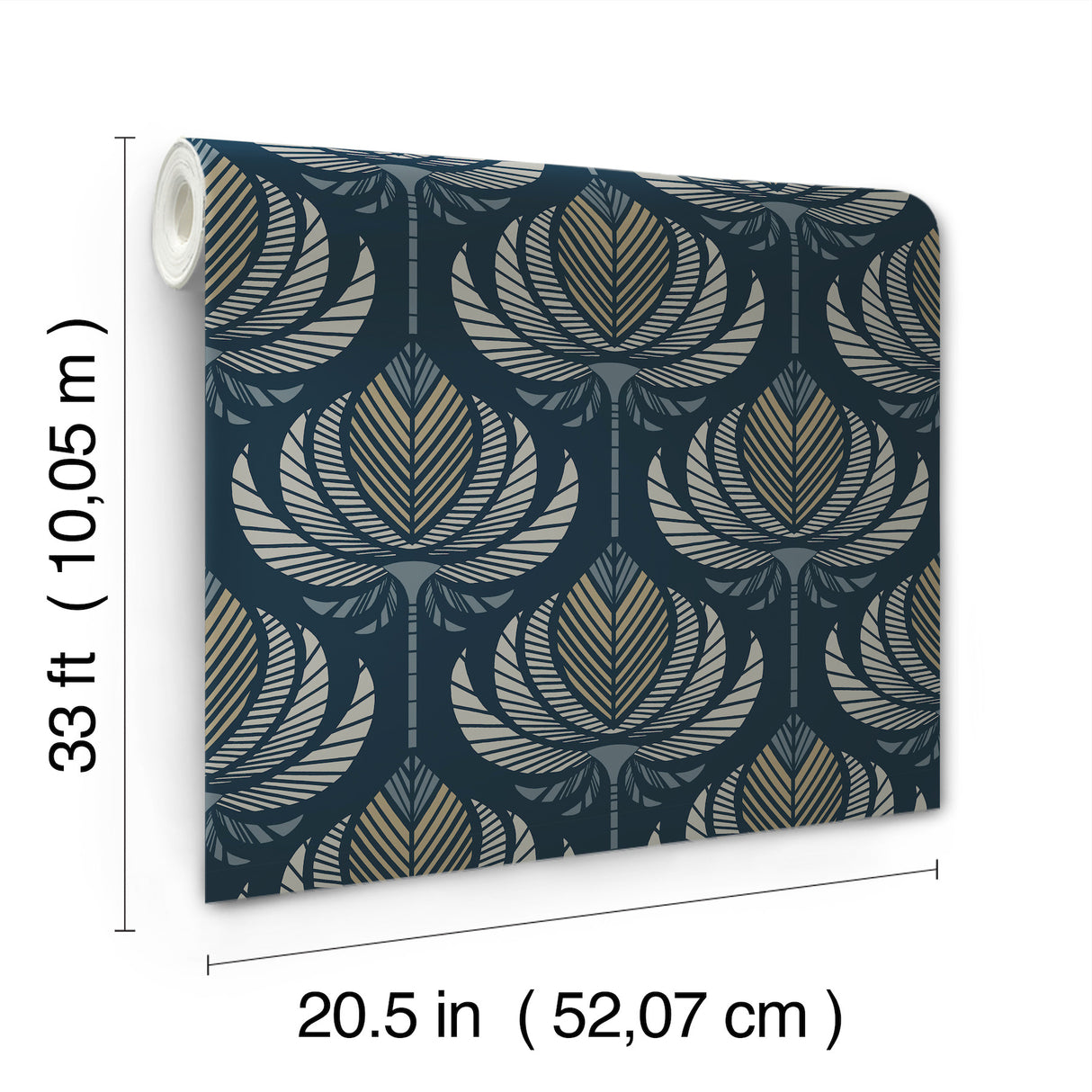 Ferrenby Dark Blue Floral Fan by A-Street Prints Metallic Non Woven Unpasted Wallpaper Moderne Deco Collection 20.5 In x 33 Ft - 4198-27831