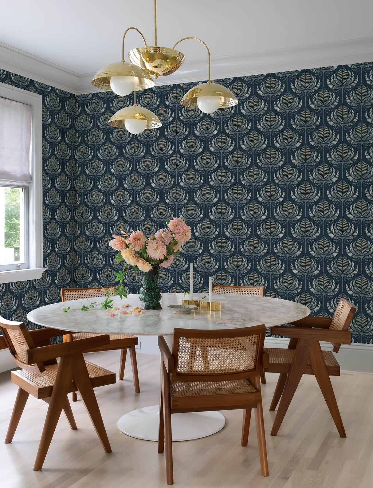 Ferrenby Dark Blue Floral Fan by A-Street Prints Metallic Non Woven Unpasted Wallpaper Moderne Deco Collection 20.5 In x 33 Ft - 4198-27831