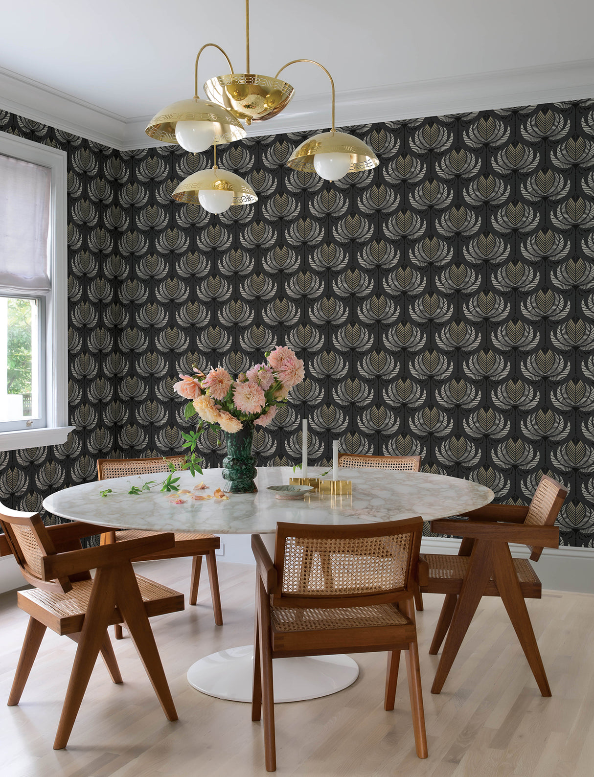Ferrenby Black Floral Fan by A-Street Prints Modern Metallic Lotus Fan Wallpaper - 4198-27833