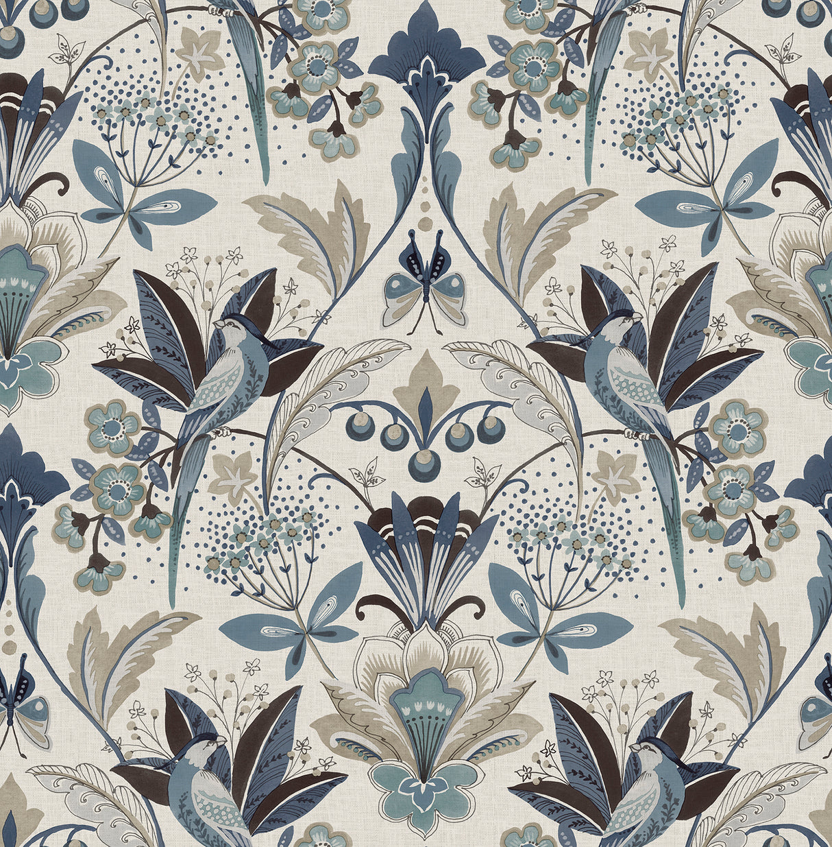 Bernadette Blue Garden Wilderness Wallpaper - A-Street Prints 4198-27835 - Blue and taupe bohemian bird and floral damask pattern on a white linen-textured background