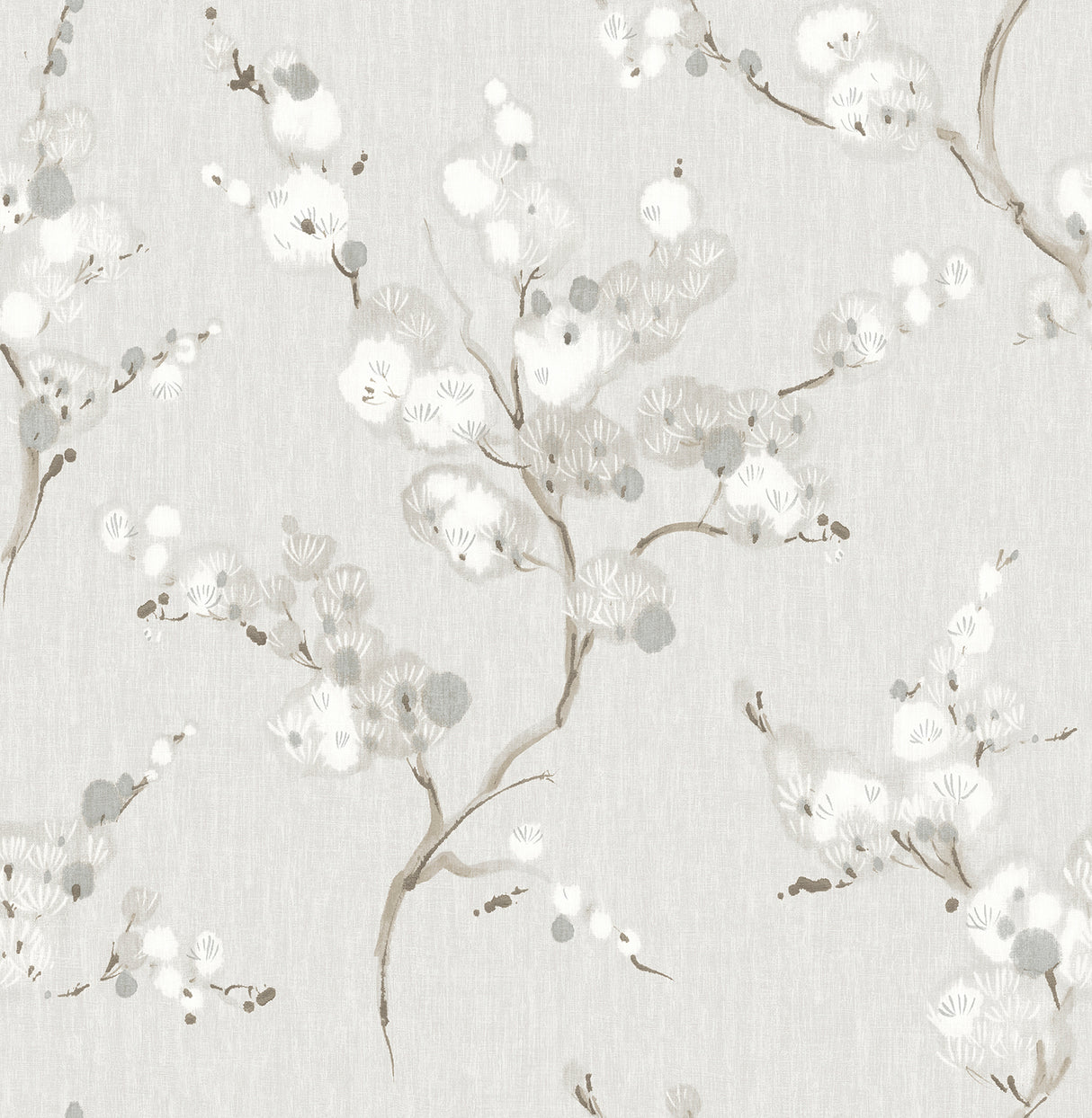 A-Street Prints Bliss Stone Blossom Wallpaper 4198-27842 - Grey and White Botanical Branch Floral Pattern on Light Grey Linen-Look Backdrop