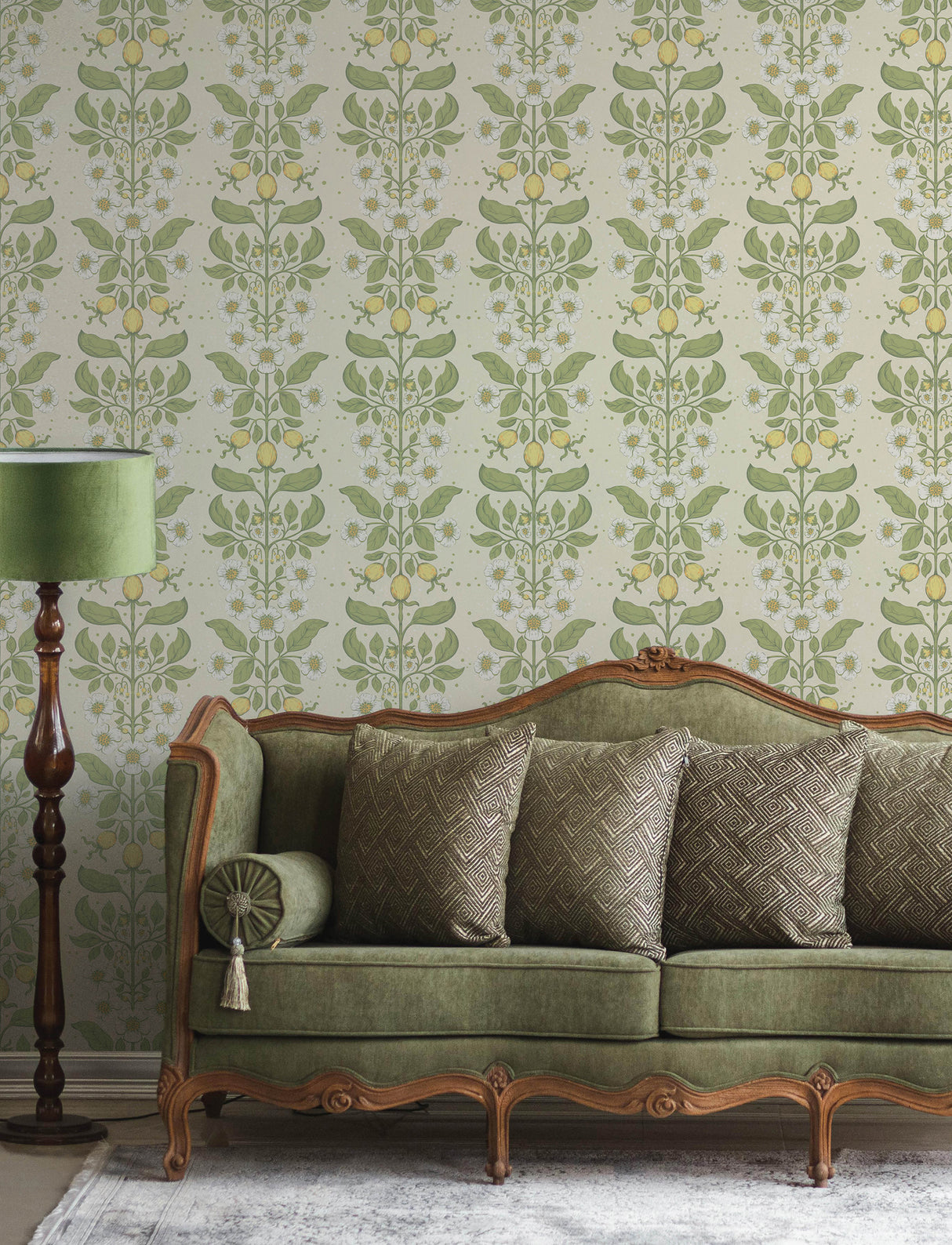 Rosa Green Floral Columns Unpasted Non Woven Wallpaper, Botanical Farmhouse Floral Design in Sage Green and Cream by A-Street Prints 4201-48010