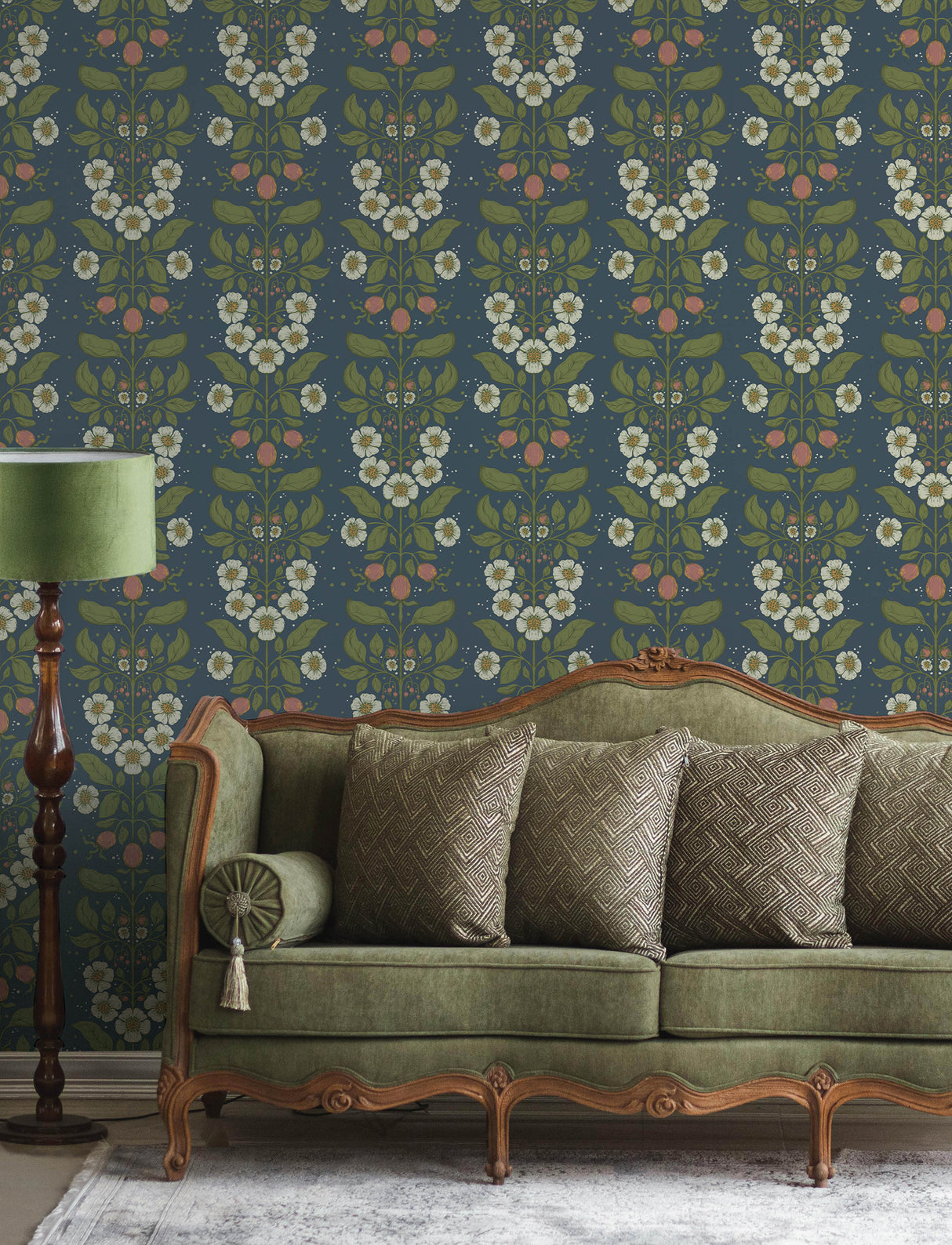 Rosa Navy Floral Columns Wallpaper by A-Street Prints Farmhouse Botanical Non Woven Unpasted 20.9 in x 33 ft Wallpaper Roll - 4201-48013