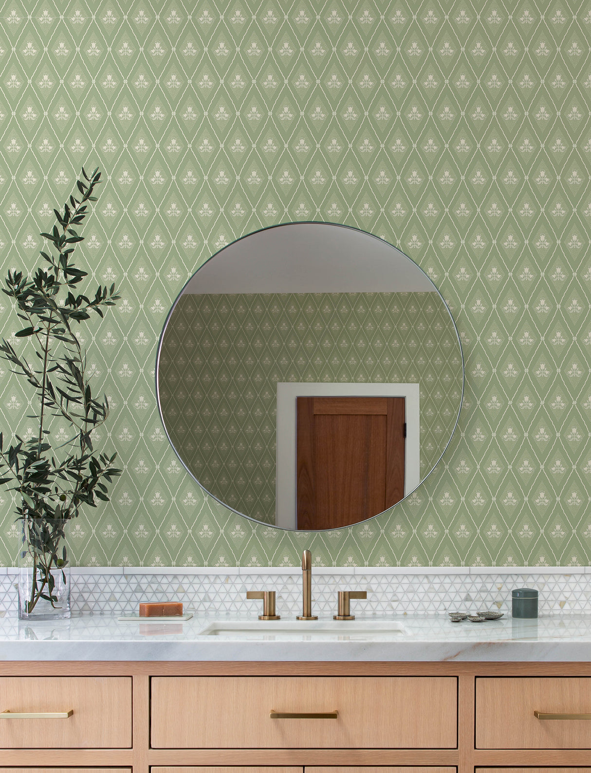 Alma Moss Diamond Floral Wallpaper in Sage Green and Cream by A-Street Prints Farmhouse Botanical Tulip Trellis Savanna Collection - 4201-48030