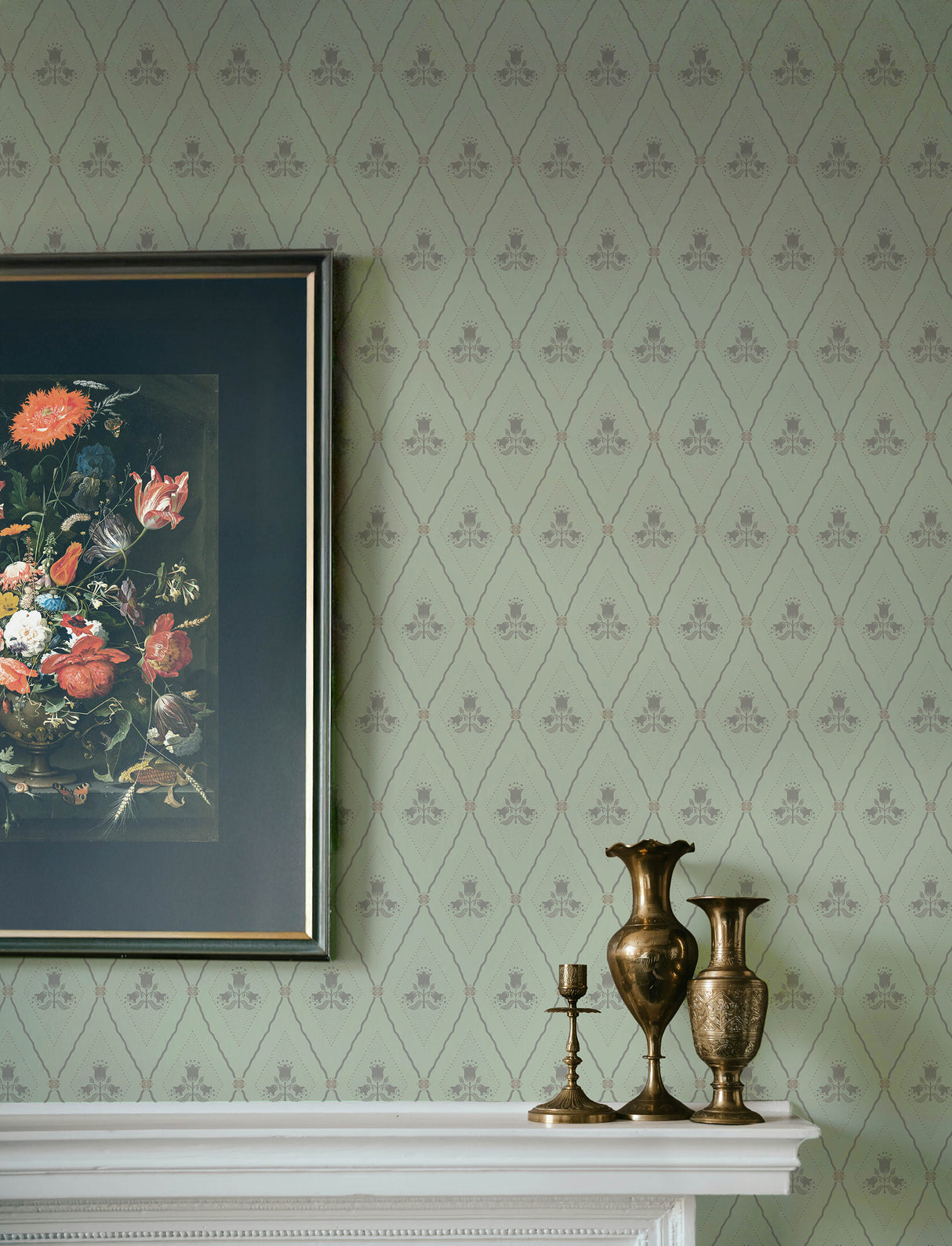 Alma Mint Diamond Floral Wallpaper by A-Street Prints Farmhouse Botanical Tulip Trellis Unpasted Non Woven Metallic - 4201-48031