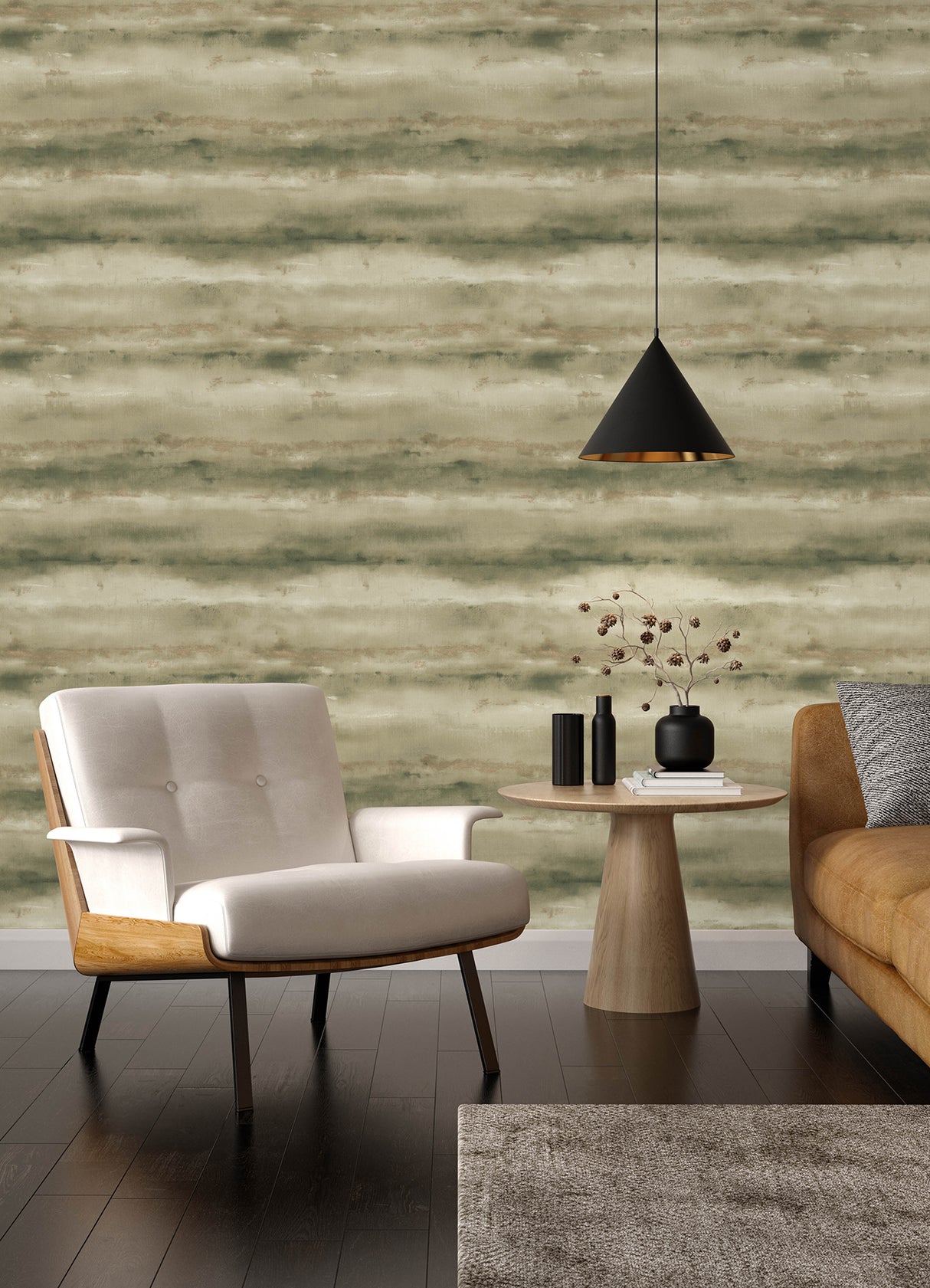 Ayla Green Abstract Stripe Wallpaper, Mossy Green with Metallic Gold Accents, Unpasted Vinyl Non Woven Backing by A-Street Prints - 4202-481655