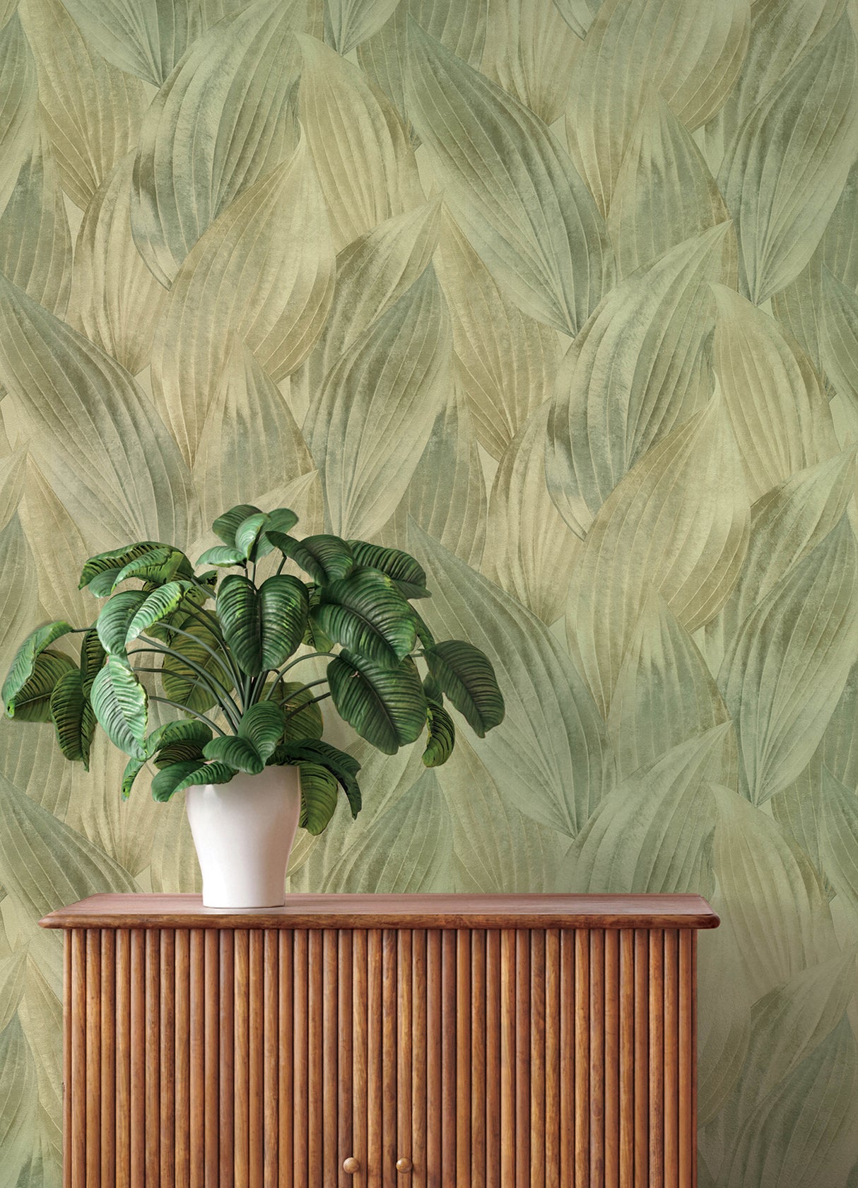 Melora Green and Cream Layered Leaf by A-Street Prints Modern Botanical Unpasted Vinyl Wallpaper Springhill Collection - 4202-571547