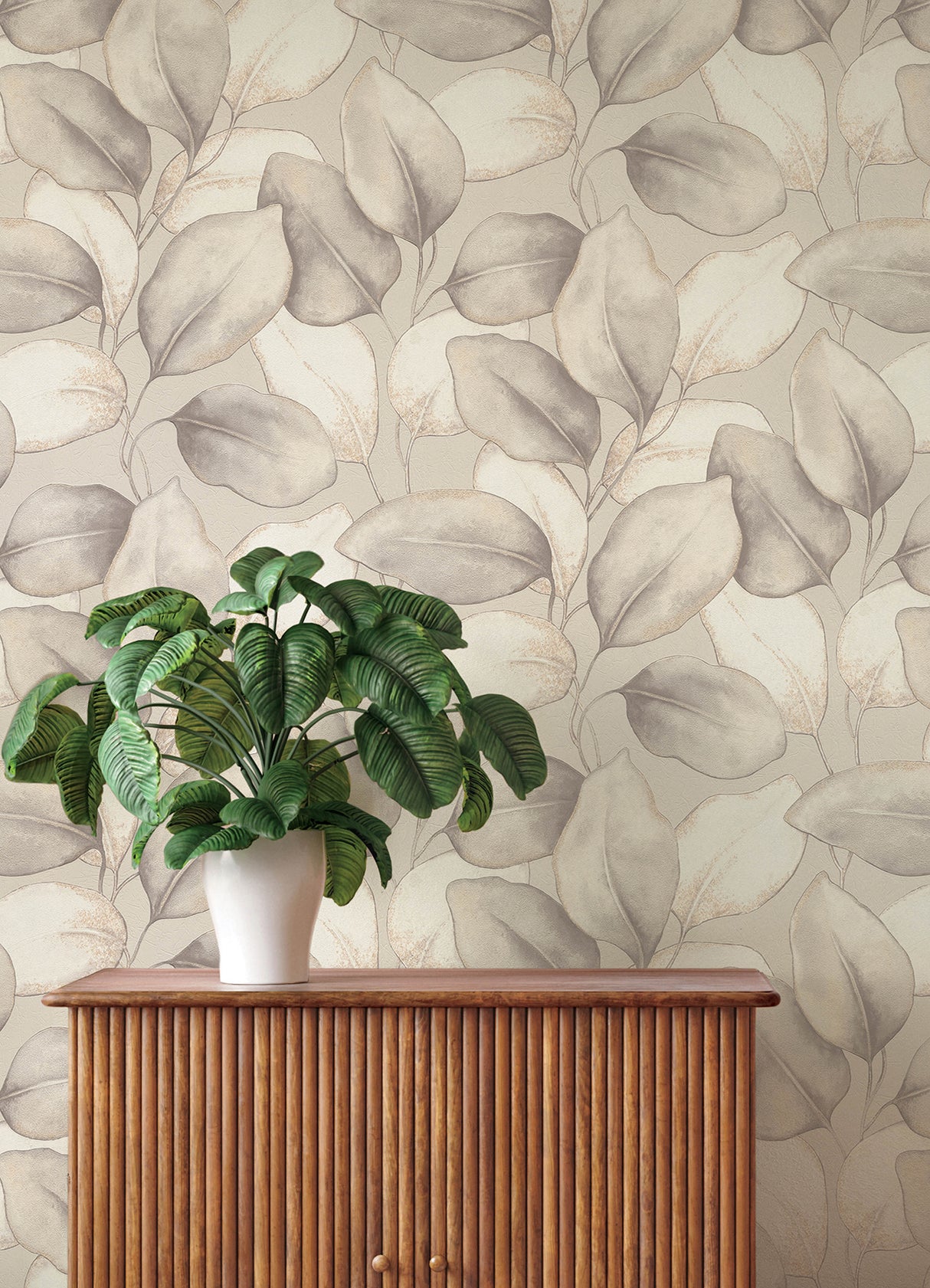 Evanthe Grey Vine Wallpaper by A-Street Prints Modern Oversized Botanical Metallic Grey and Ivory Leaf Design on Non Woven Backing - 4202-659856