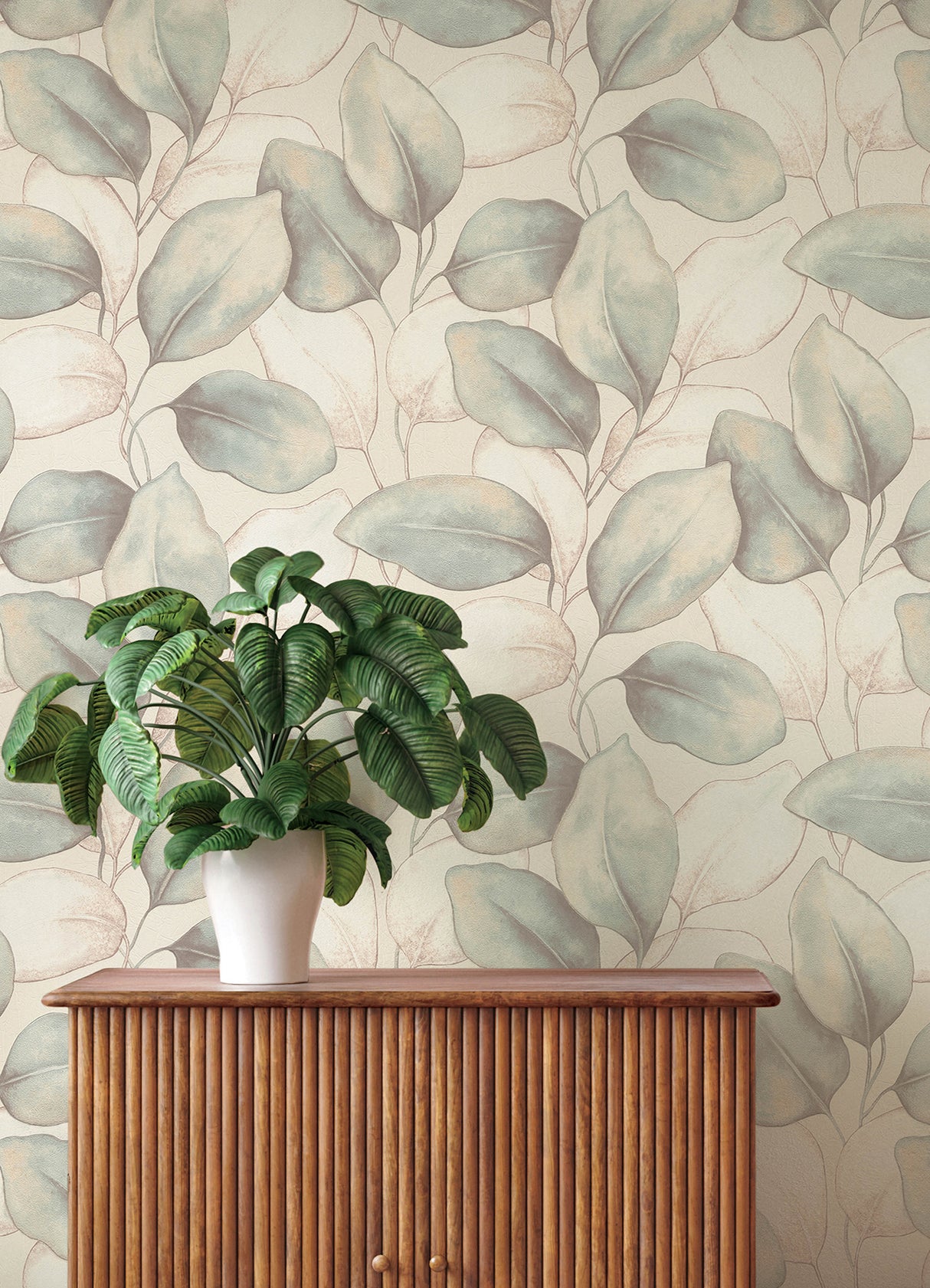 Evanthe Aqua Vine Leaf Oversized Botanical Metallic Pearl Modern Strippable Non Woven Unpasted Wallpaper by A-Street Prints - 4202-659863