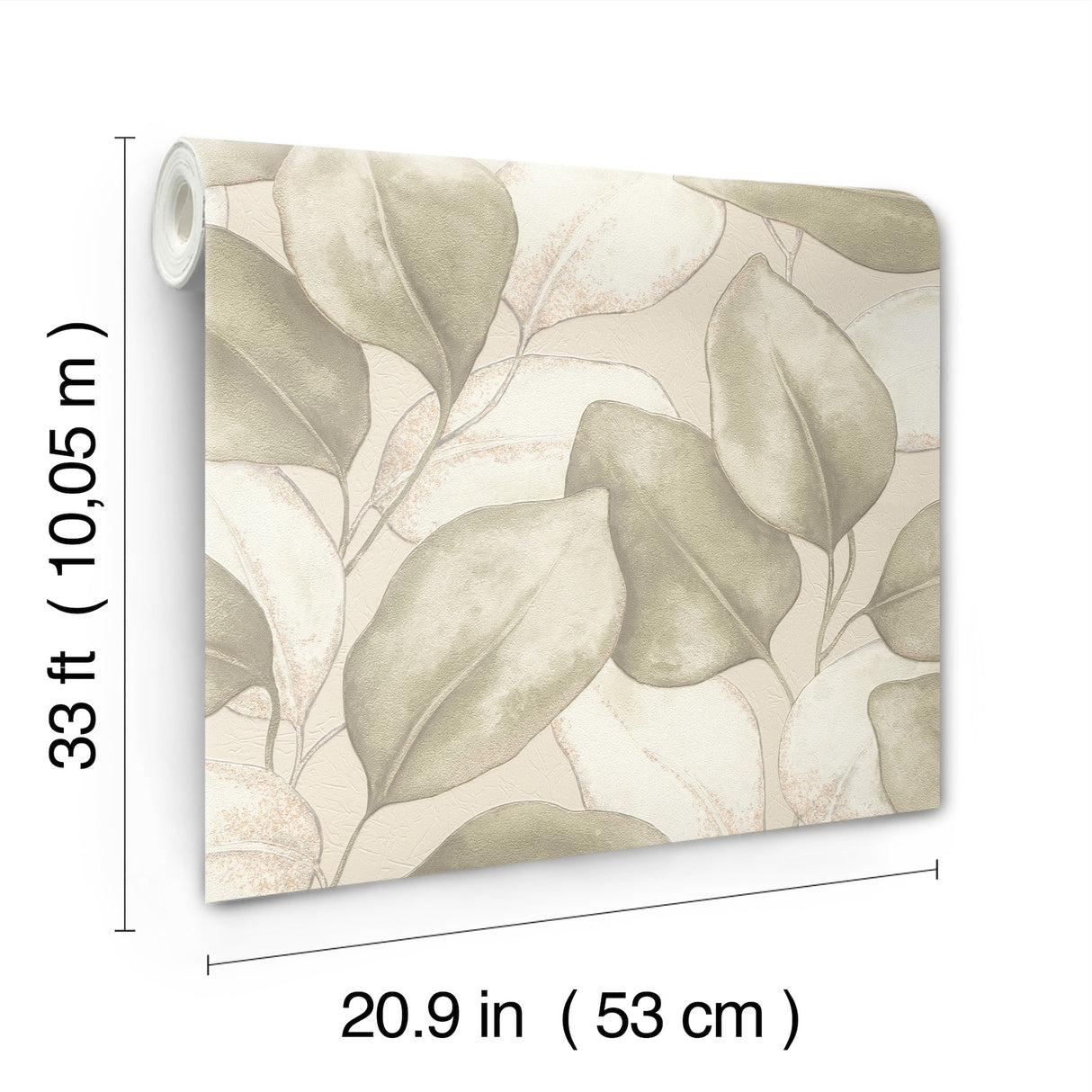 Evanthe Sage Vine Botanical Oversized Leaf Wallpaper in Sage Green and Cream with Metallic Gold by A-Street Prints - 4202-659870