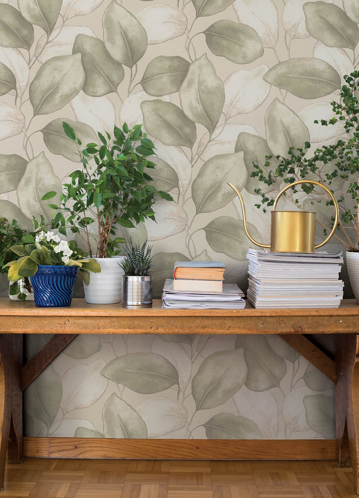 Evanthe Sage Vine Botanical Oversized Leaf Wallpaper in Sage Green and Cream with Metallic Gold by A-Street Prints - 4202-659870