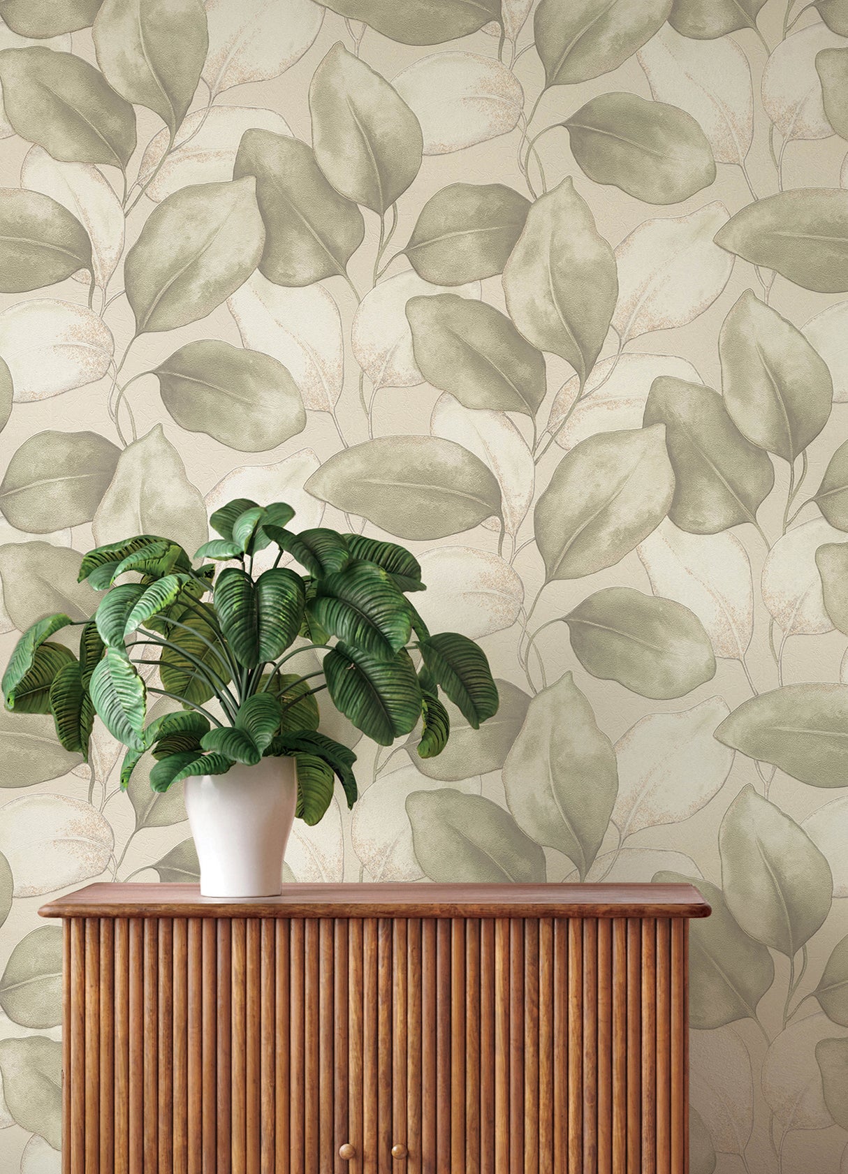 Evanthe Sage Vine Botanical Oversized Leaf Wallpaper in Sage Green and Cream with Metallic Gold by A-Street Prints - 4202-659870