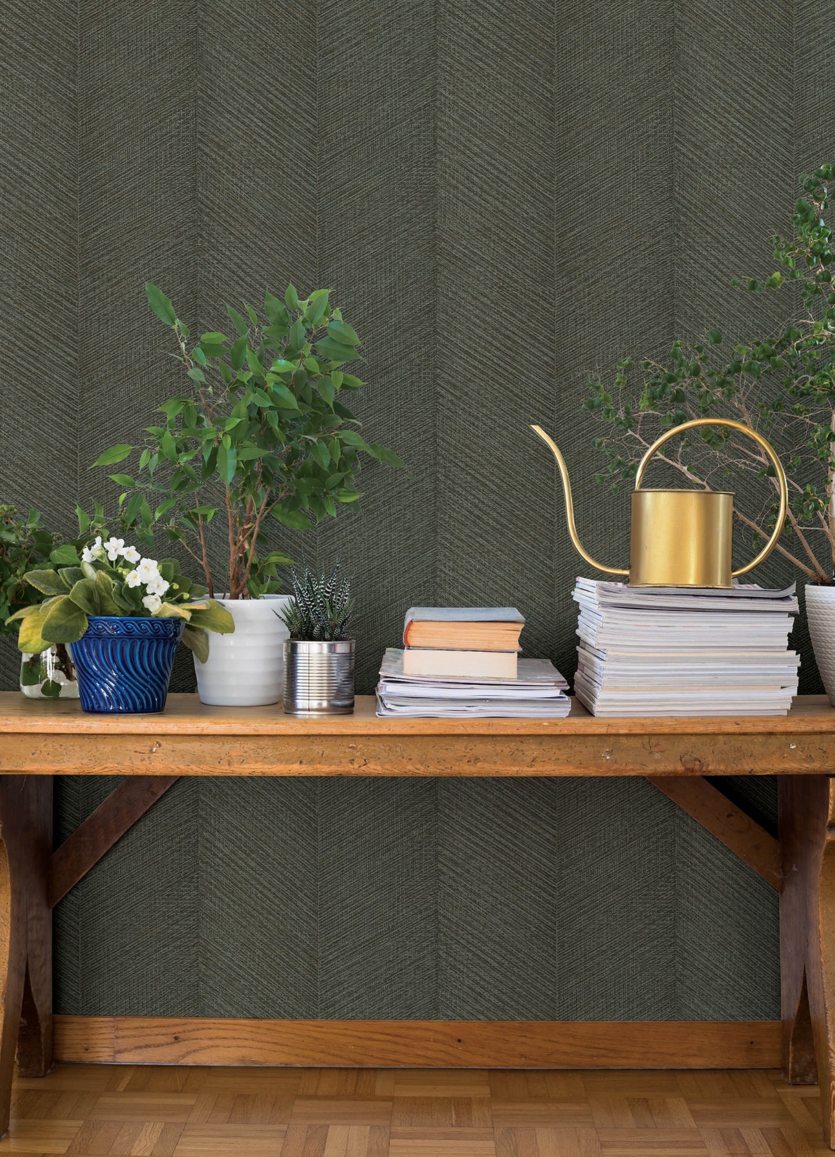 Ione Evergreen Textured Chevron Dark Green Aqua Metallic Gold Accents Vinyl Non-Woven Wallpaper by A-Street Prints - 4202-720303