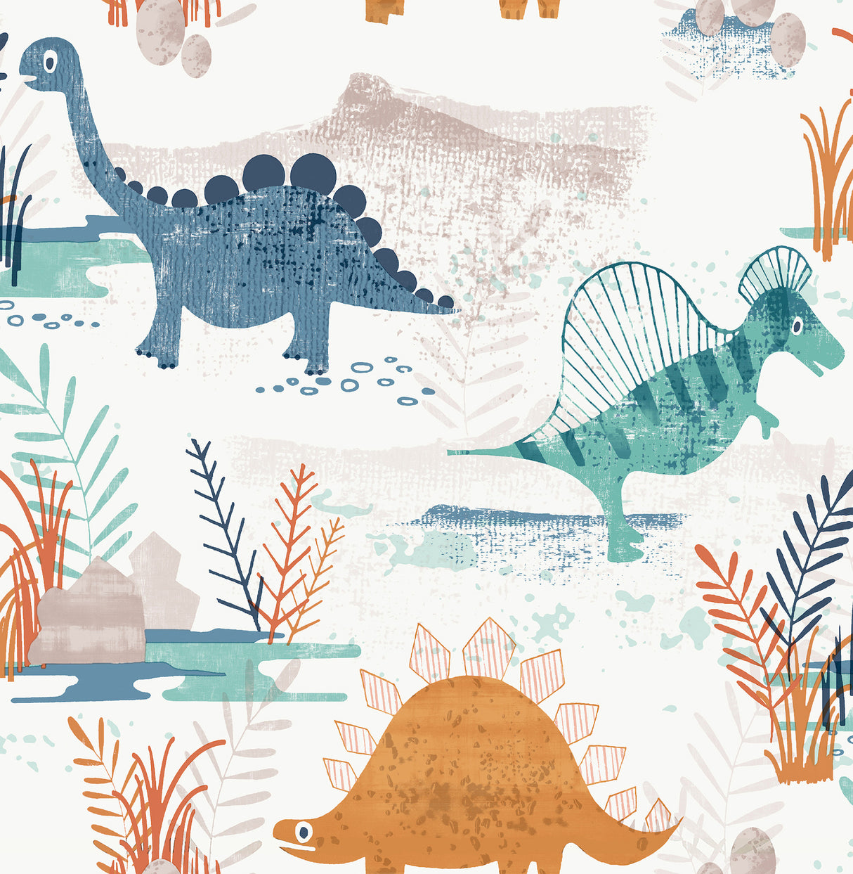 Prehistoric Dino Orange Whimsical Wallpaper pattern with dinosaurs