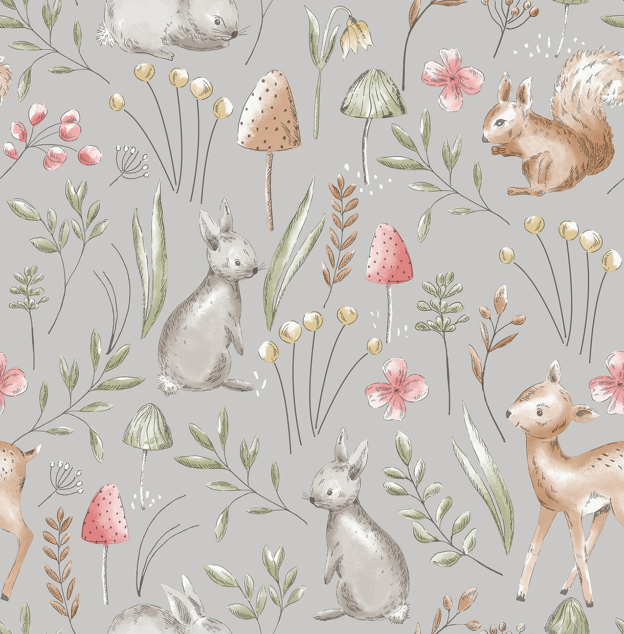 Advantage Forest Animals Grey Whimsical Wallpaper roll with woodland animals and botanicals