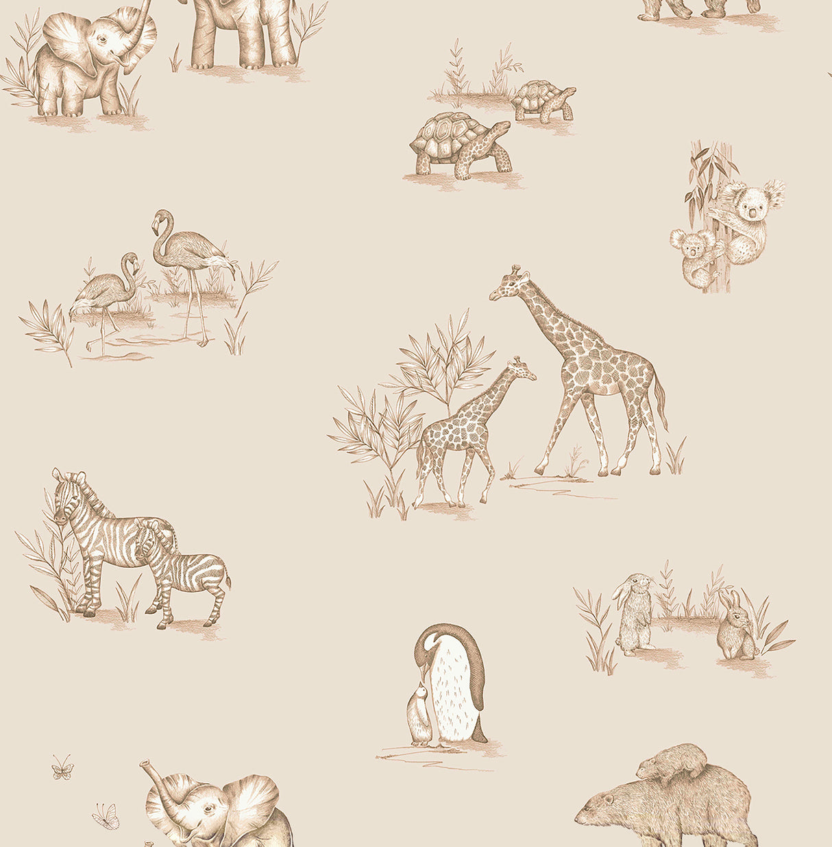 Advantage Safari Babies beige animal wallpaper roll with parent-and-baby safari animals, 20.5 in x 33 ft