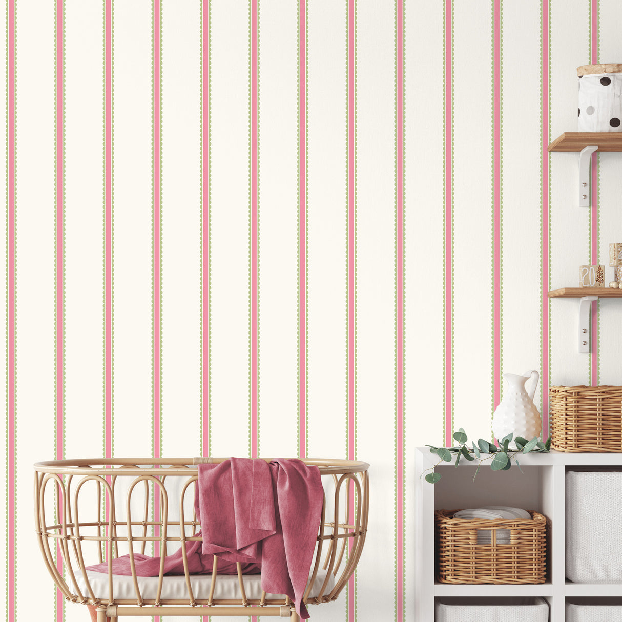 Bobbin Stripe Fuchsia by Advantage Scalloped Wallpaper- Brewster Home Fashions 4203-27574