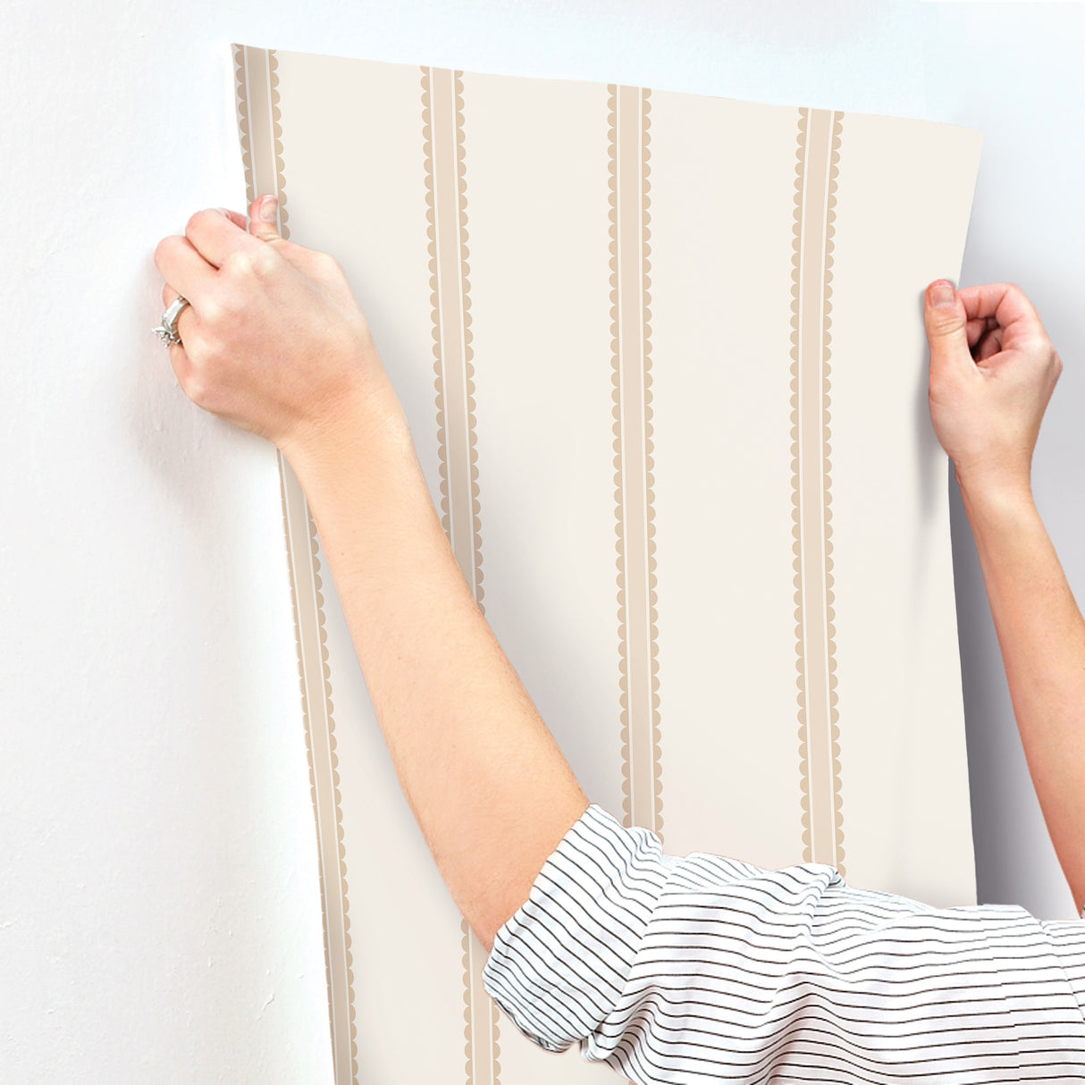 Bobbin Stripe Light Brown by Advantage Scalloped Wallpaper- Brewster Home Fashions 4203-27575