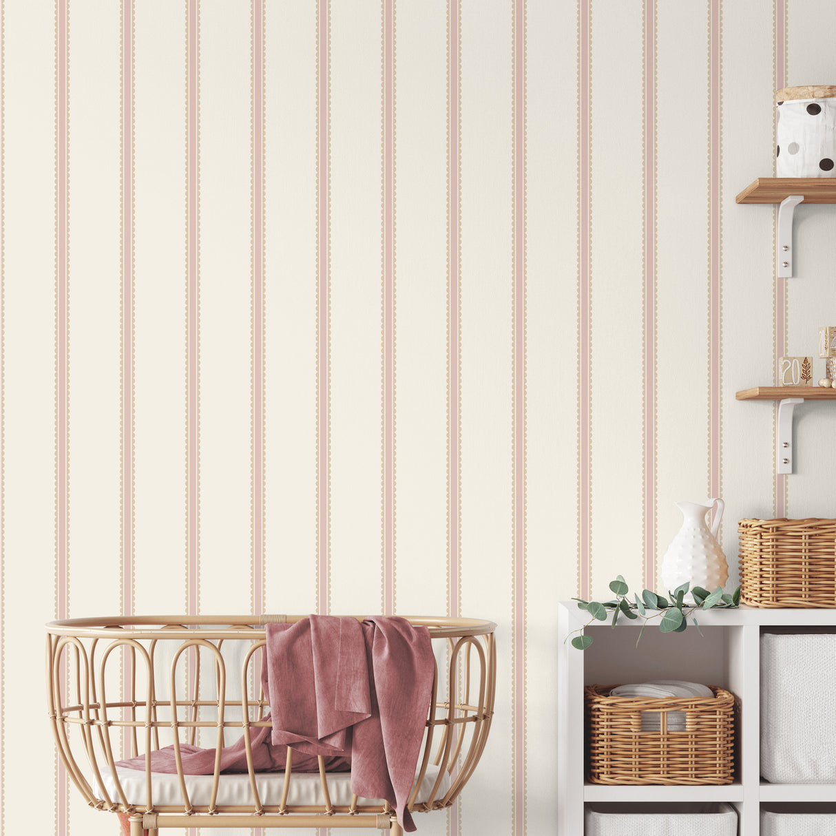 Bobbin Stripe Pink by Advantage Scalloped Non Woven Wallpaper – Brewster Home Fashions 4203-27576