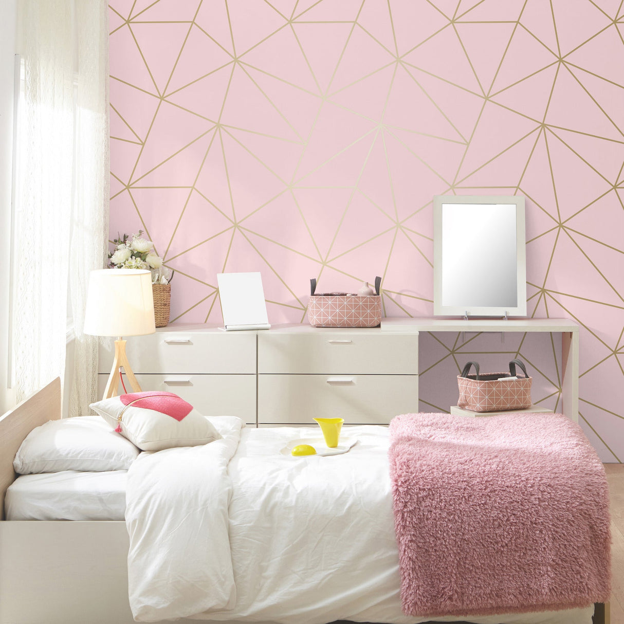 Metallic Geo Pink by Advantage Triangles Wallpaper – Brewster Home Fashions 4203-27585