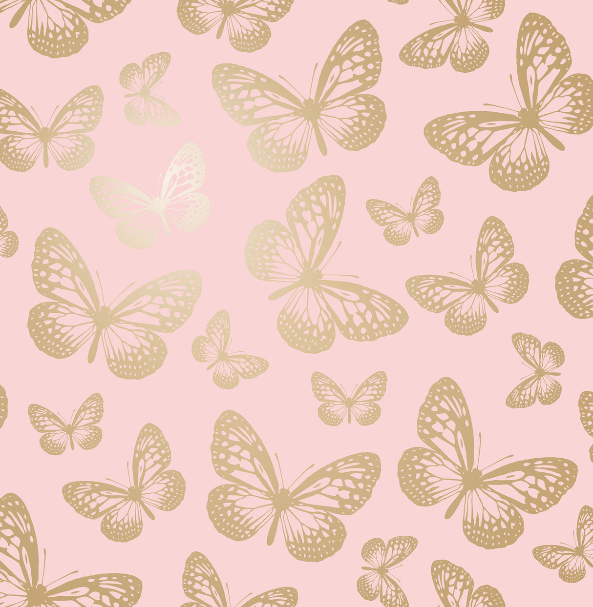 Metallic Butterflies Pink whimsical wallpaper with gold butterfly pattern