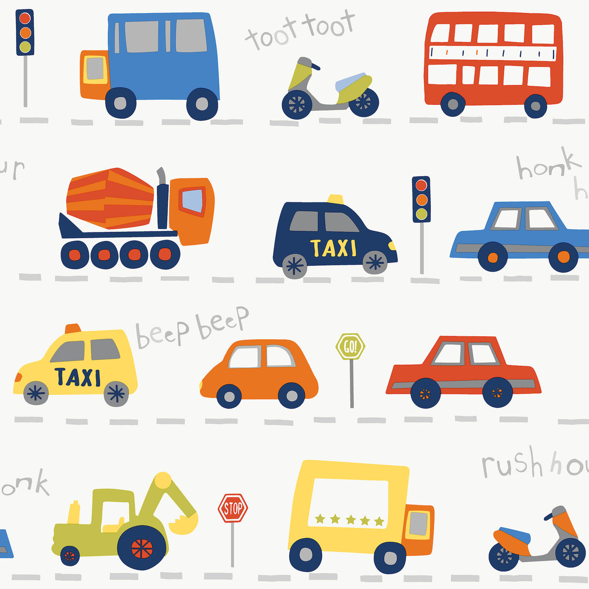 Advantage Road Traffic Red Cars Wallpaper sample with playful vehicles on white