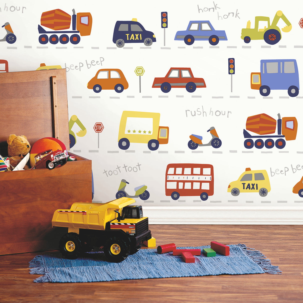 Road Traffic Red Cars by Advantage Kids Transportation Wallpaper – Brewster Home Fashions 4203-27593