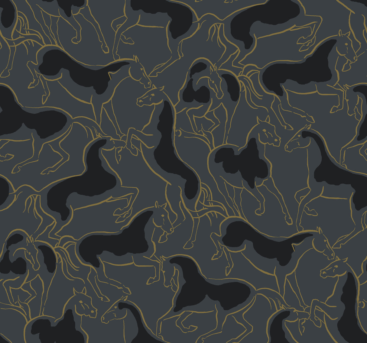 Dressage Gold Stallions Wallpaper featuring metallic gold outlined horse silhouettes on a slate grey and black background by Ronald Redding Designs