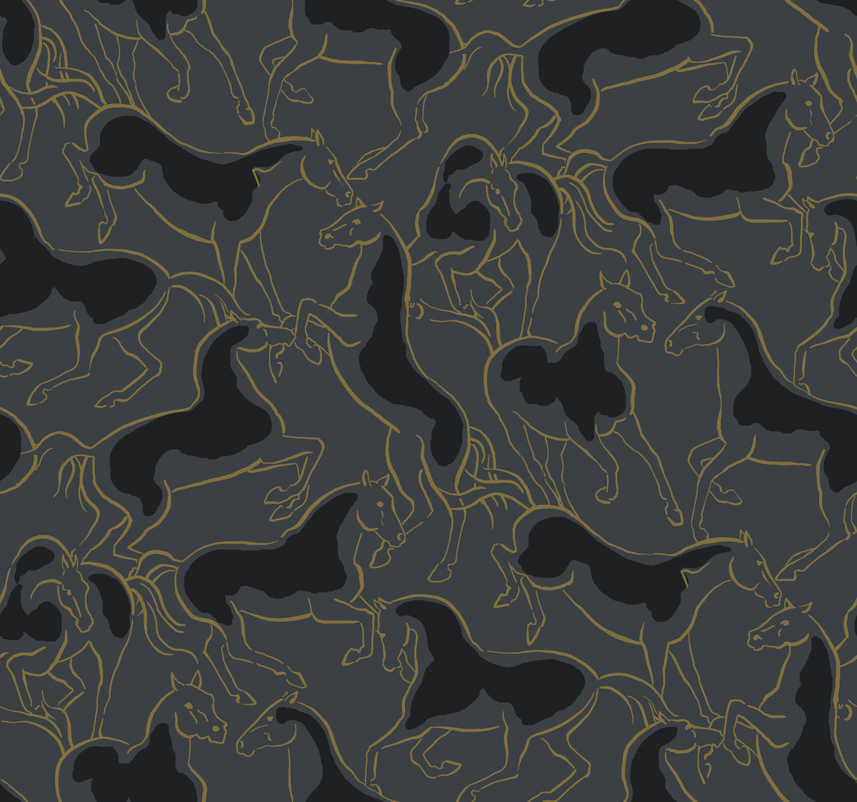 Dressage Gold Stallions Wallpaper featuring metallic gold outlined horse silhouettes on a slate grey and black background by Ronald Redding Designs