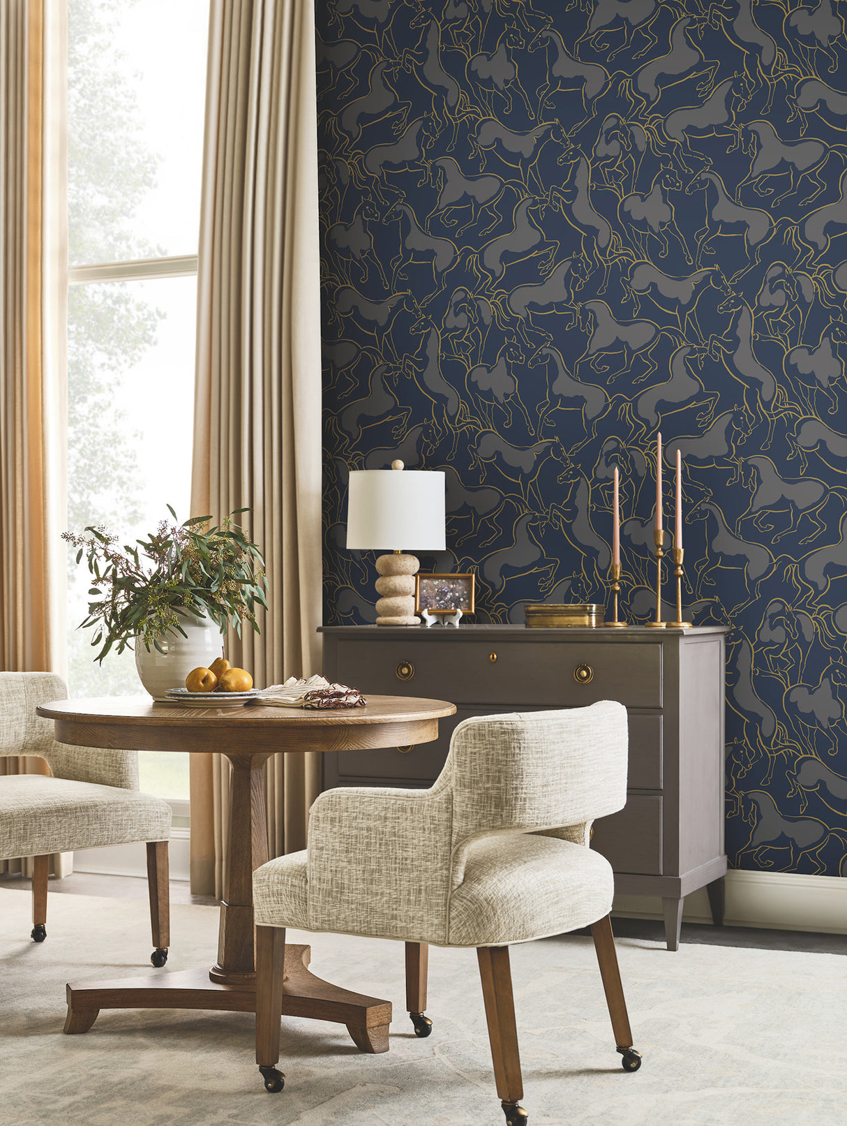 Dressage Navy by Ronald Redding Metallic Gold Stallions Lodge Animal Novelty Unpasted Non Woven Wallpaper Private Reserve - 4211-83506