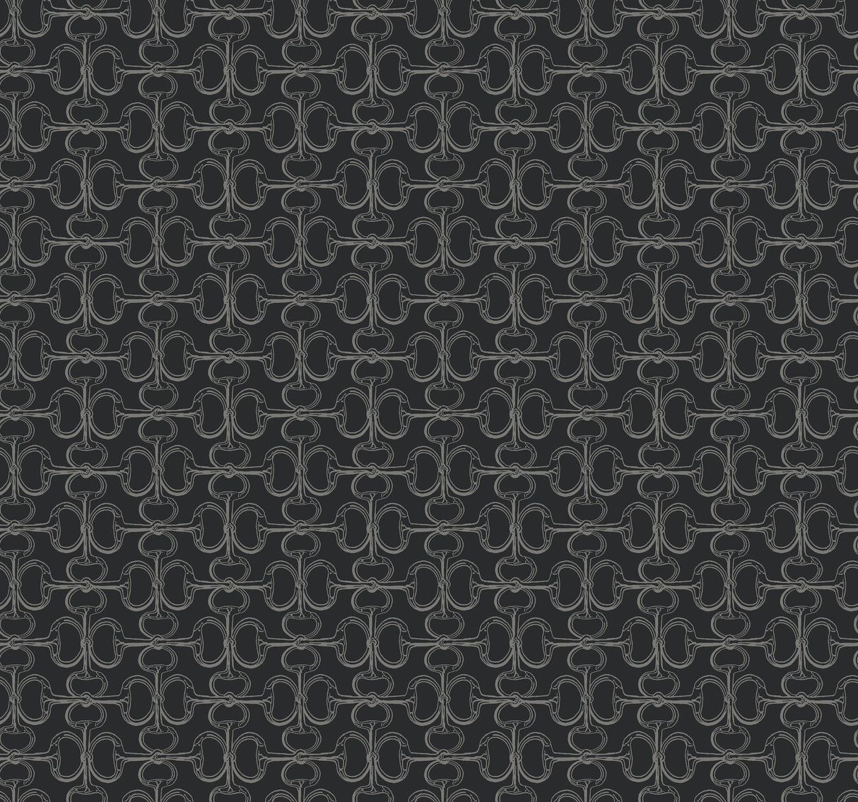 Polo Black Horse Bits Wallpaper by Ronald Redding - Metallic silver geometric equestrian bits pattern on a deep black non woven background