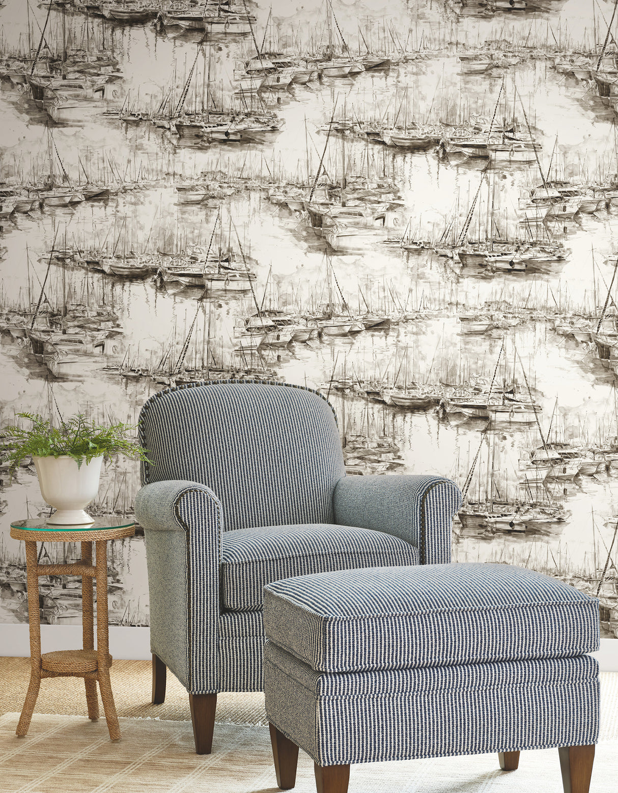 Yacht Club Taupe by Ronald Redding Coastal Scenic Illustrative Marina Docked Sailboats Unpasted Non Woven Wallpaper Private Reserve - 4211-83512