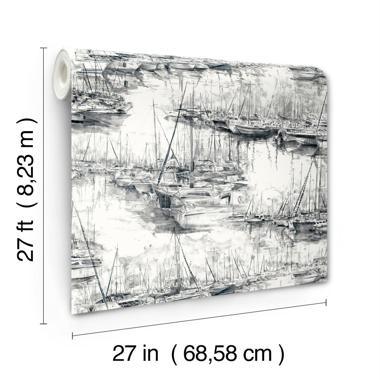 Yacht Club Charcoal by Ronald Redding Coastal Scenic Sailboat Marina Non Woven Unpasted Wallpaper, 27-in x 27-ft, Covers 60.8 sq ft - 4211-83513