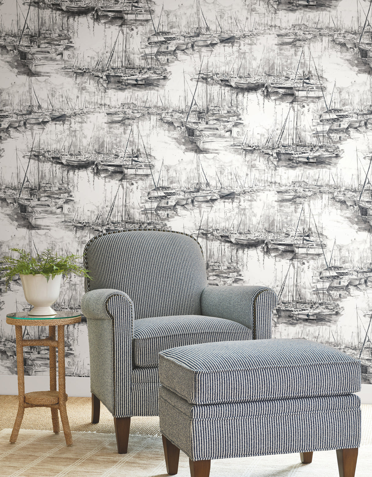 Yacht Club Charcoal by Ronald Redding Coastal Scenic Sailboat Marina Non Woven Unpasted Wallpaper, 27-in x 27-ft, Covers 60.8 sq ft - 4211-83513