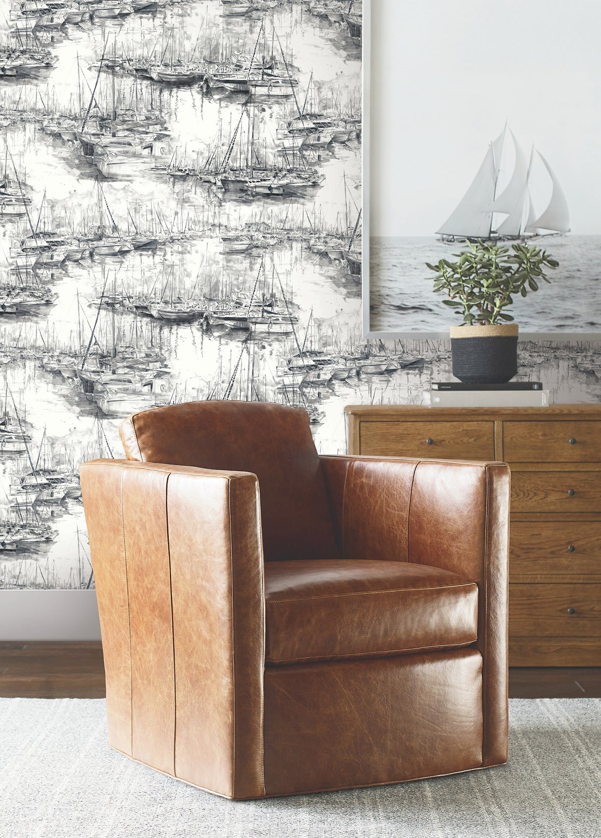 Yacht Club Charcoal by Ronald Redding Coastal Scenic Sailboat Marina Non Woven Unpasted Wallpaper, 27-in x 27-ft, Covers 60.8 sq ft - 4211-83513