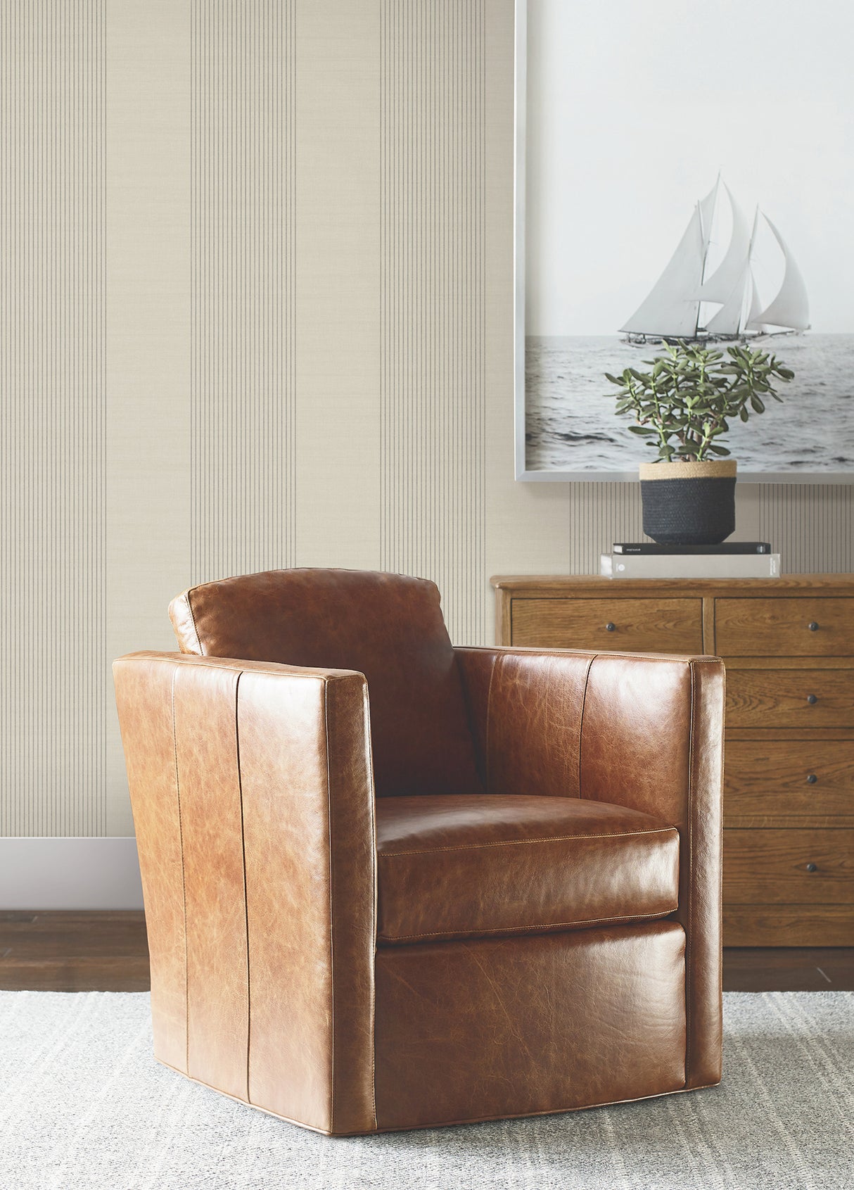 Archer Stripe Taupe Faux Linen by Ronald Redding Transitional Pinstripe Non Woven Unpasted Strippable Wallpaper Private Reserve 4211-83525