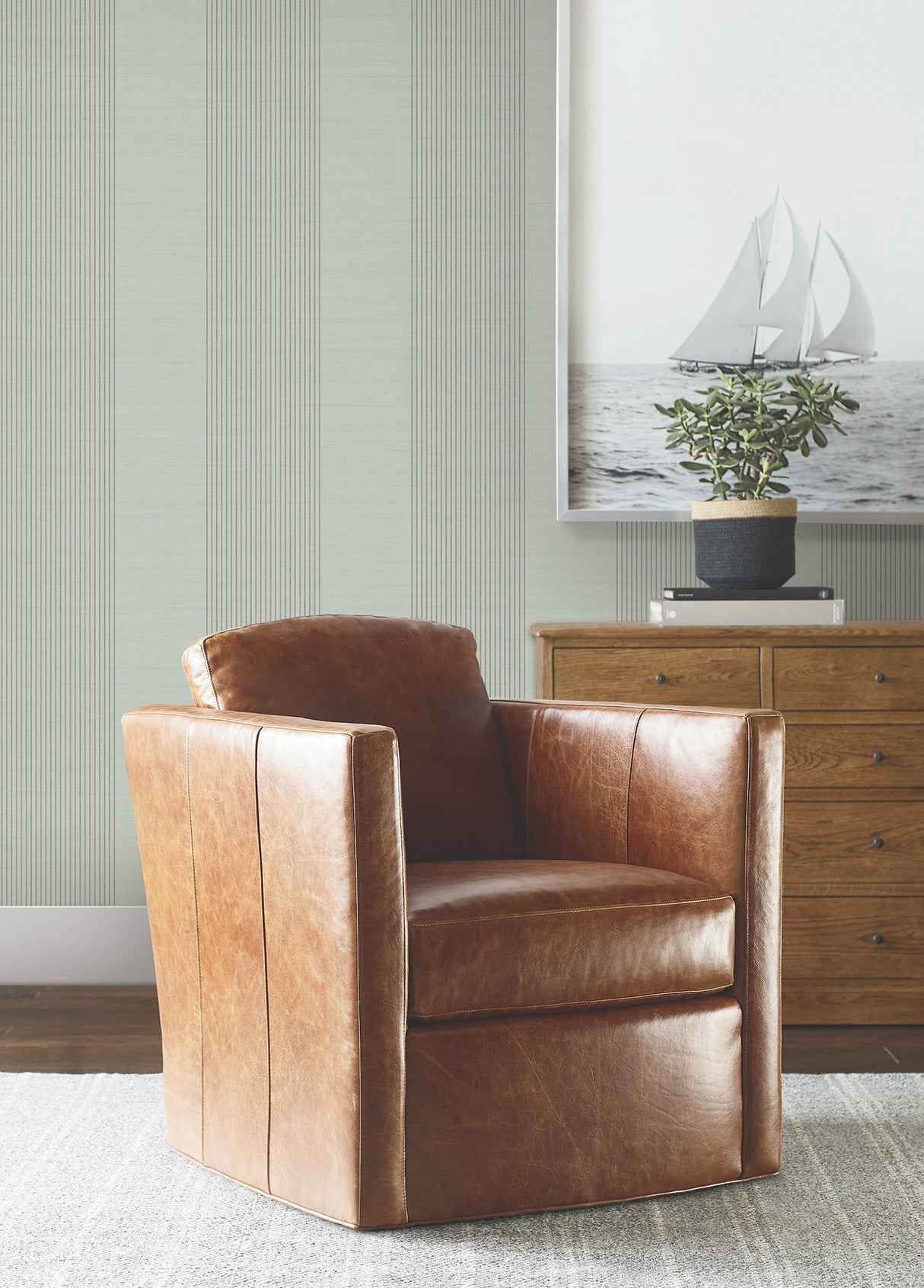 Archer Stripe Sage Faux Linen Wallpaper by Ronald Redding Private Reserve Transitional Pinstripe Non Woven Sidewall - York 4211-83530