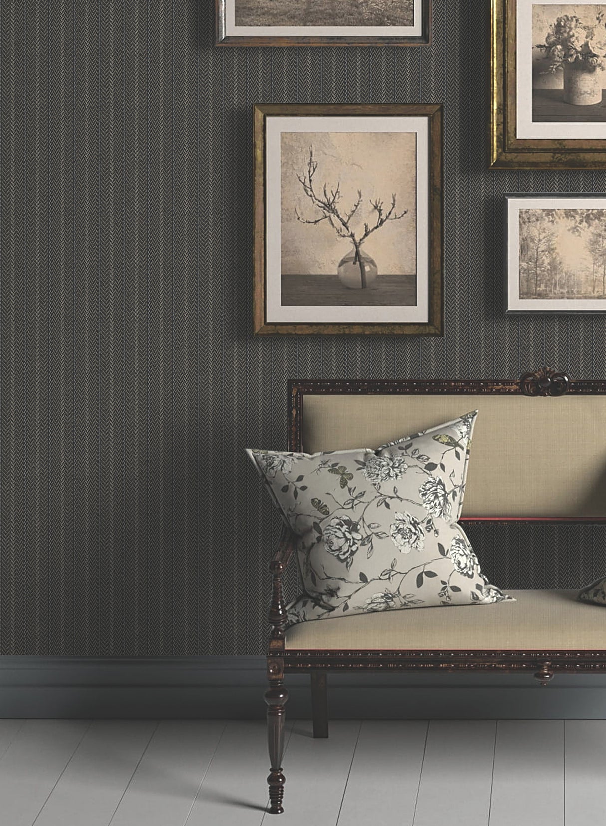 Elkan Stripe Black Herringbone Wallpaper by Ronald Redding from the Private Reserve Collection, Textured Non-Woven Unpasted Roll - 4211-83537
