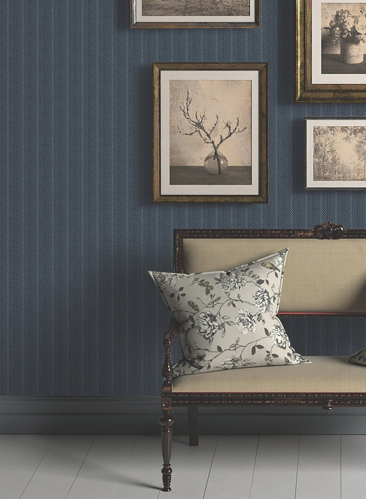 Elkan Stripe Navy Herringbone by Ronald Redding Transitional Stripe Wallpaper - York 4211-83538