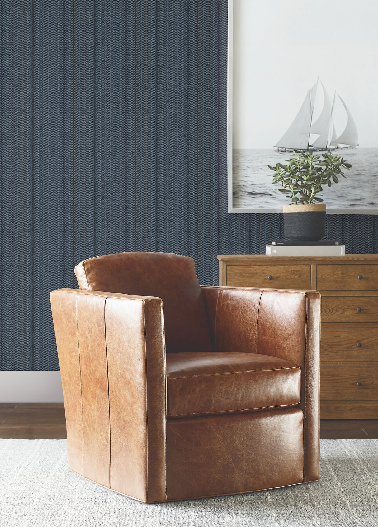 Elkan Stripe Navy Herringbone by Ronald Redding Transitional Stripe Wallpaper - York 4211-83538