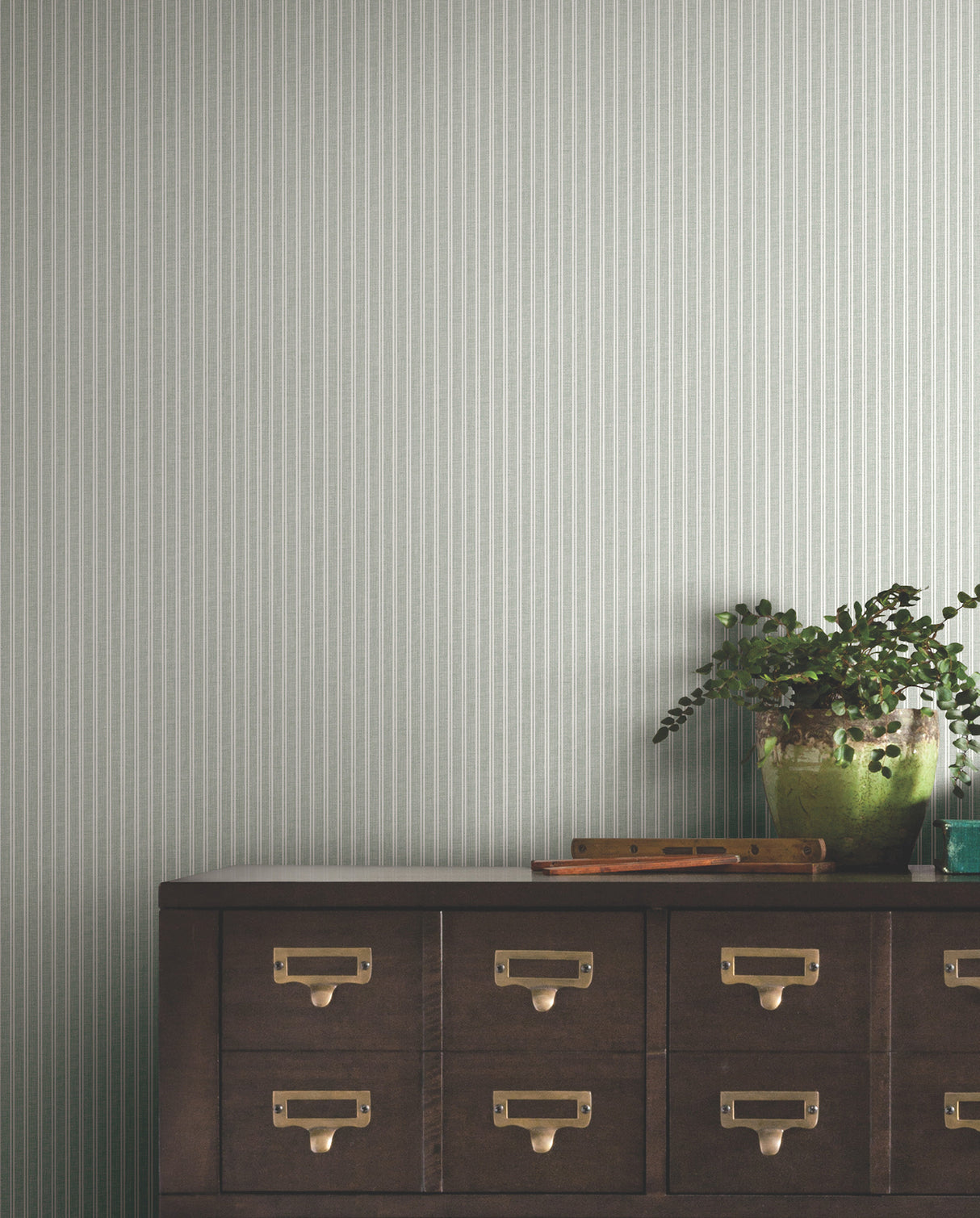 Ticking Stripe Sage Faux Linen Texture by Ronald Redding Classic Farmhouse Non-Woven Unpasted Stripes Wallpaper York Private Reserve 4211-83543