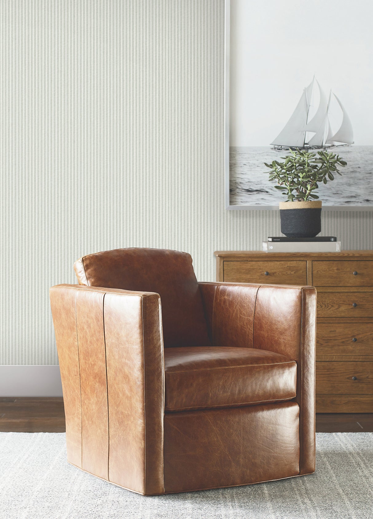 Ticking Stripe Sage Faux Linen Texture by Ronald Redding Classic Farmhouse Non-Woven Unpasted Stripes Wallpaper York Private Reserve 4211-83543