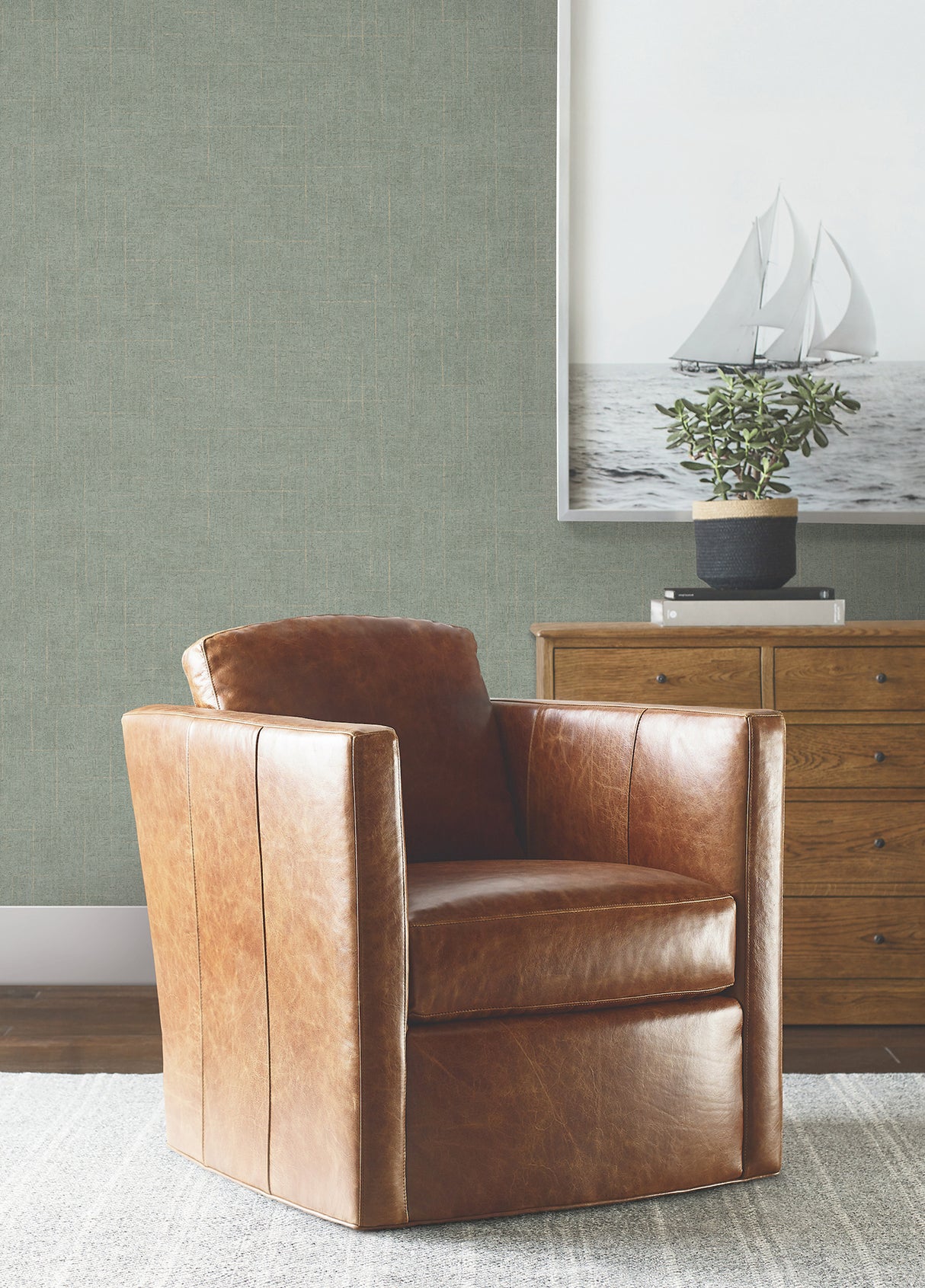 Saratoga Jade Faux Linen Textured Transitional Wallpaper by Ronald Redding from the Private Reserve Collection Non Woven Unpasted - 4211-83549