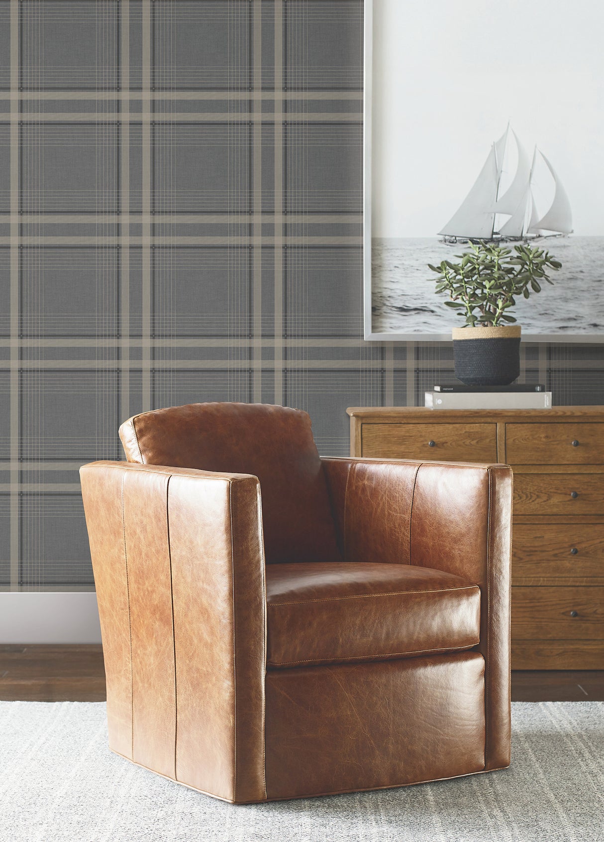 Country Club Plaid Charcoal Faux Linen Straight Match Non Woven Unpasted Washable Wallpaper by Ronald Redding Private Reserve - 4211-83565