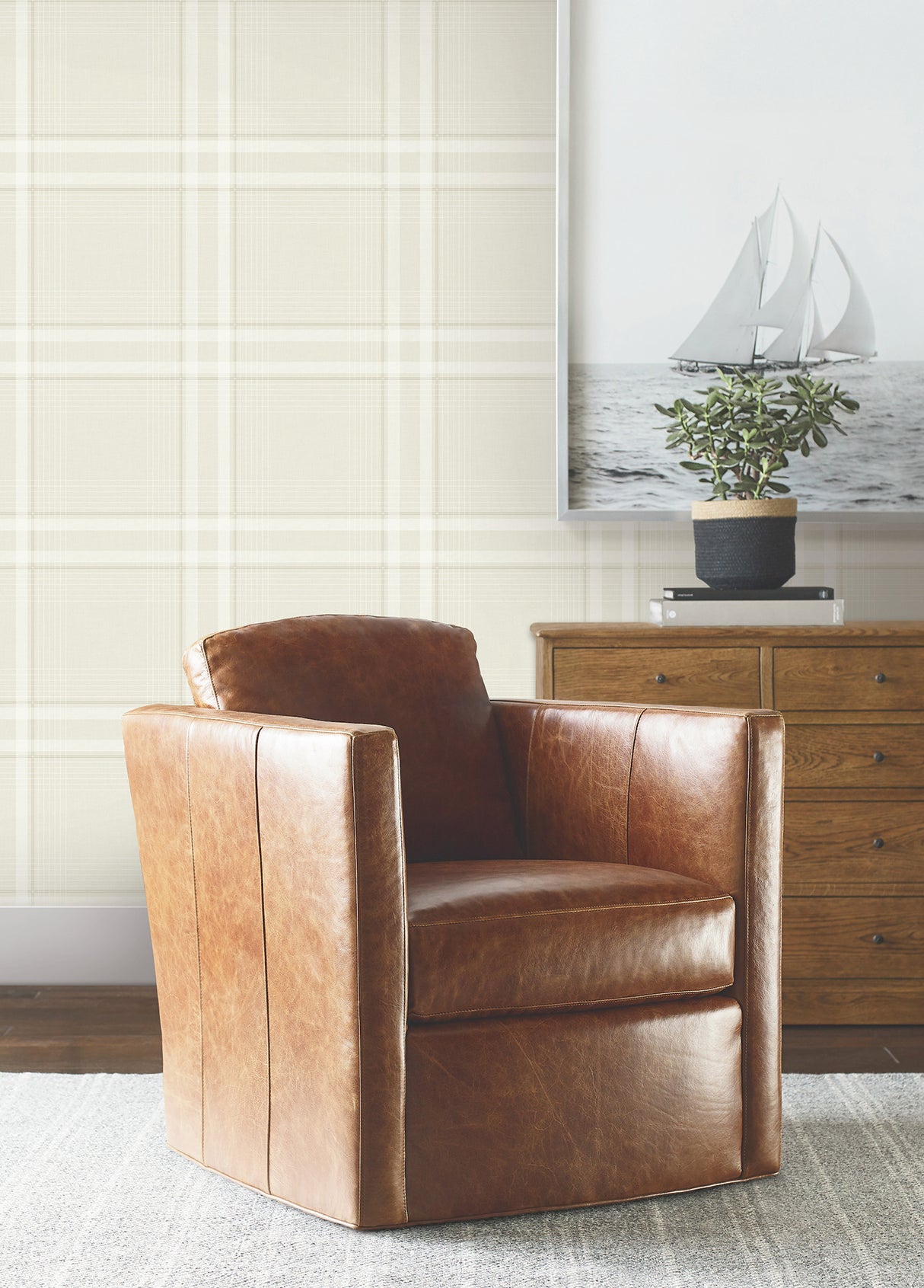 Country Club Plaid Dove by Ronald Redding Sophisticated Neutral Faux Linen Plaid Unpasted Non Woven Wallpaper Private Reserve - 4211-83568