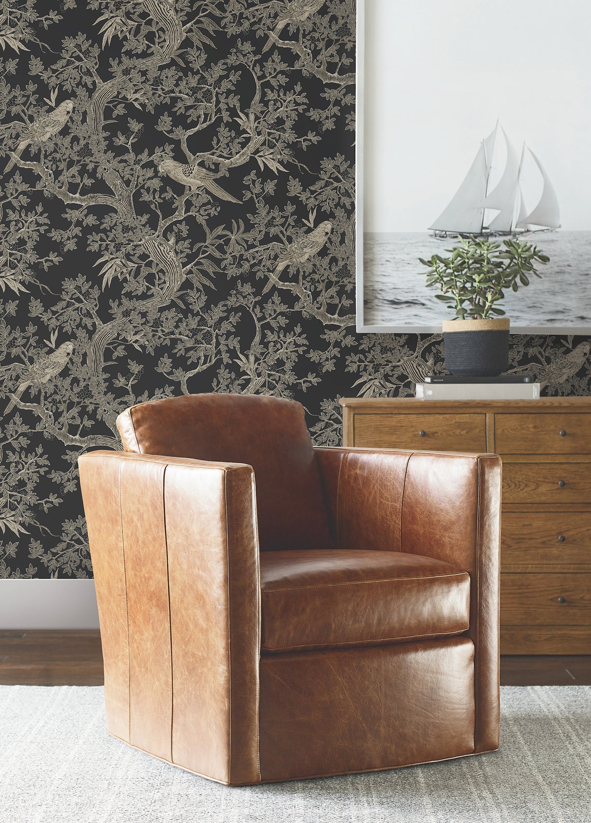 Regal Ridge Black by Ronald Redding Trailing Berry Tree with Parrots Botanical Non Woven Unpasted Wallpaper Private Reserve - 4211-83570