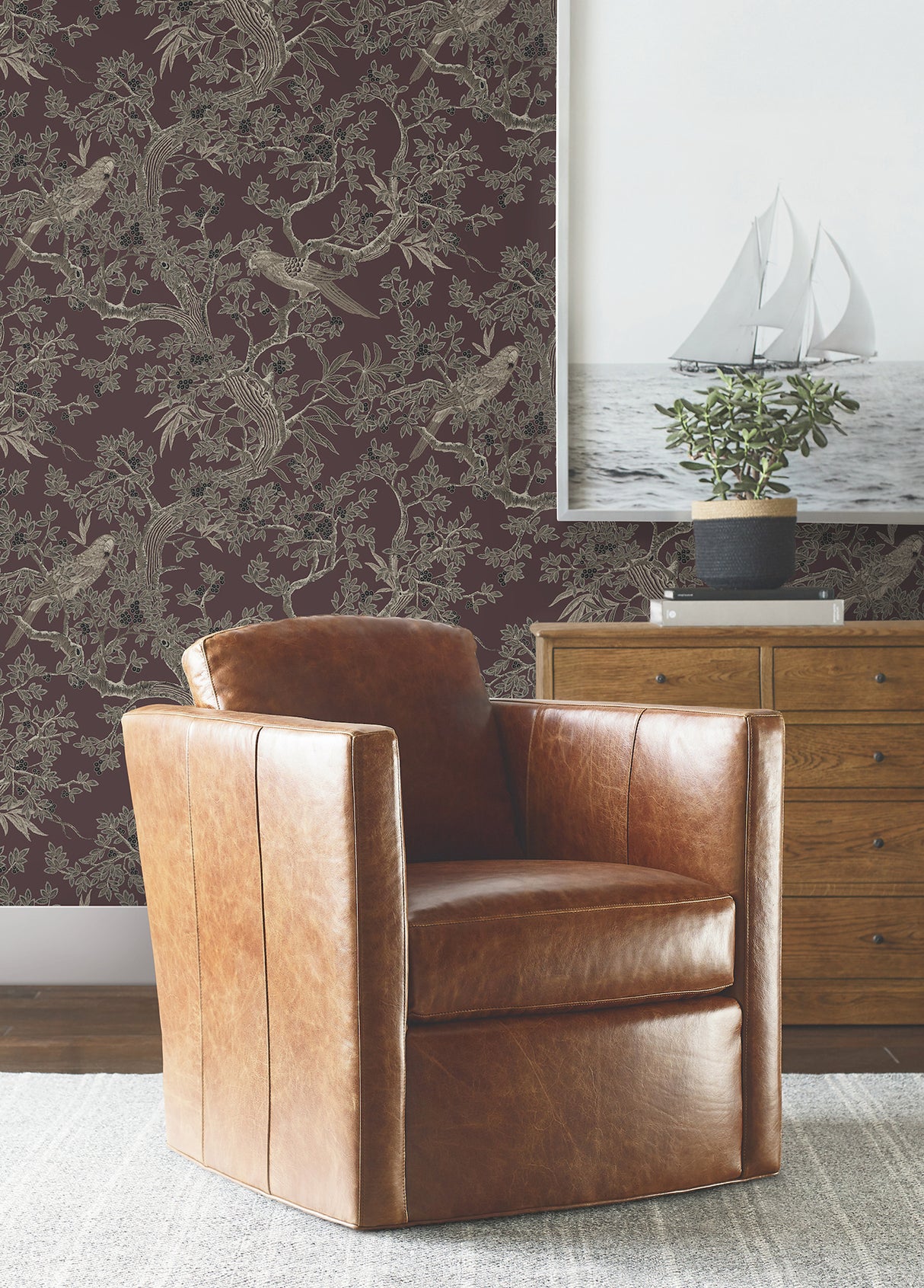 Regal Ridge Plum Trailing Tree Wallpaper by Ronald Redding, Botanical Non Woven Unpasted Feature Wall Sidewall, 27in x 27ft - 4211-83571