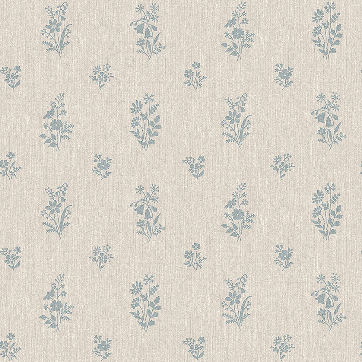 Petit Fleurs blue floral wallpaper by Boråstapeter for Schumacher, hand-painted wildflower sprigs on a neutral background